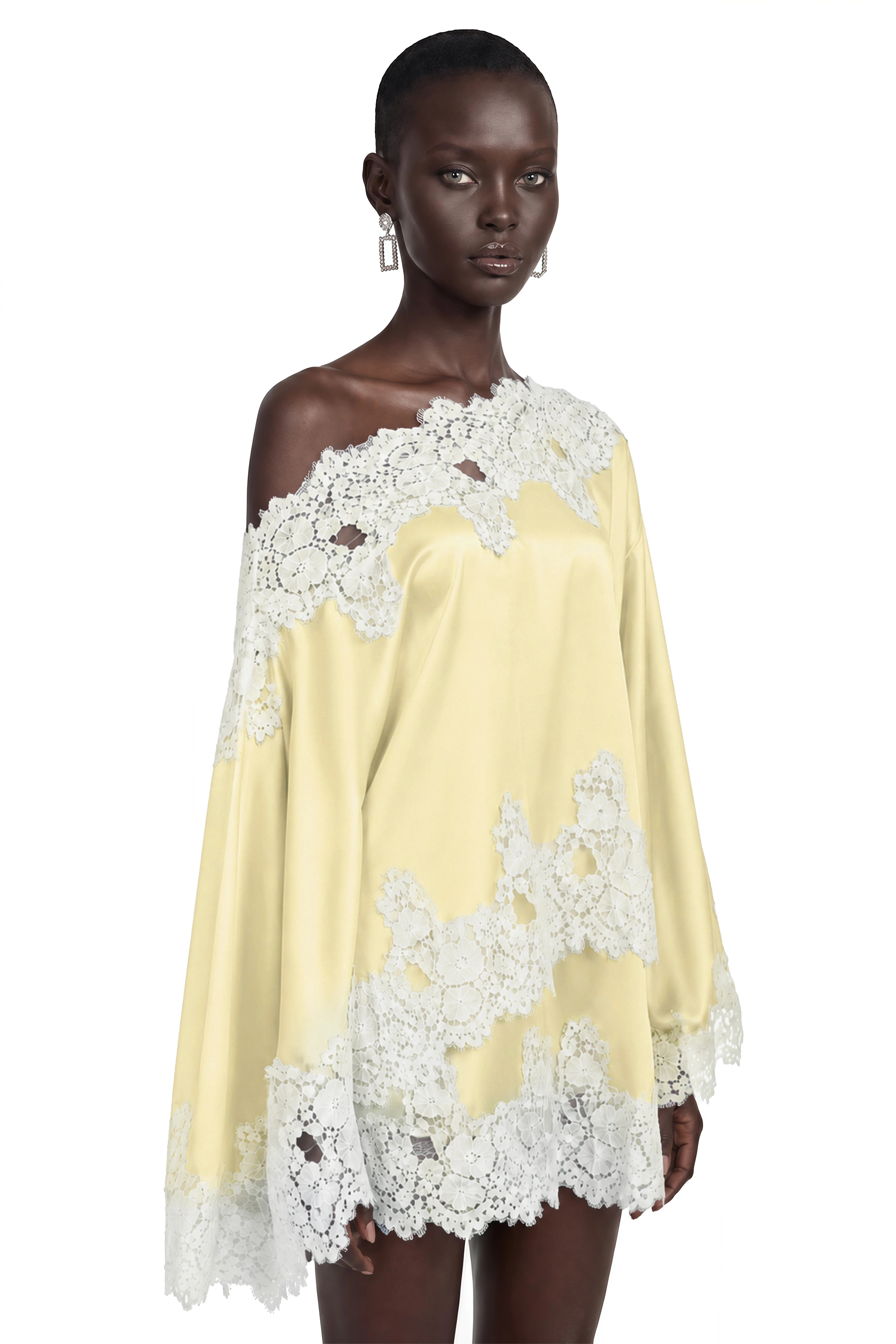 Sophia Yellow One Shoulder Top & Skirt Set with Lace Trim