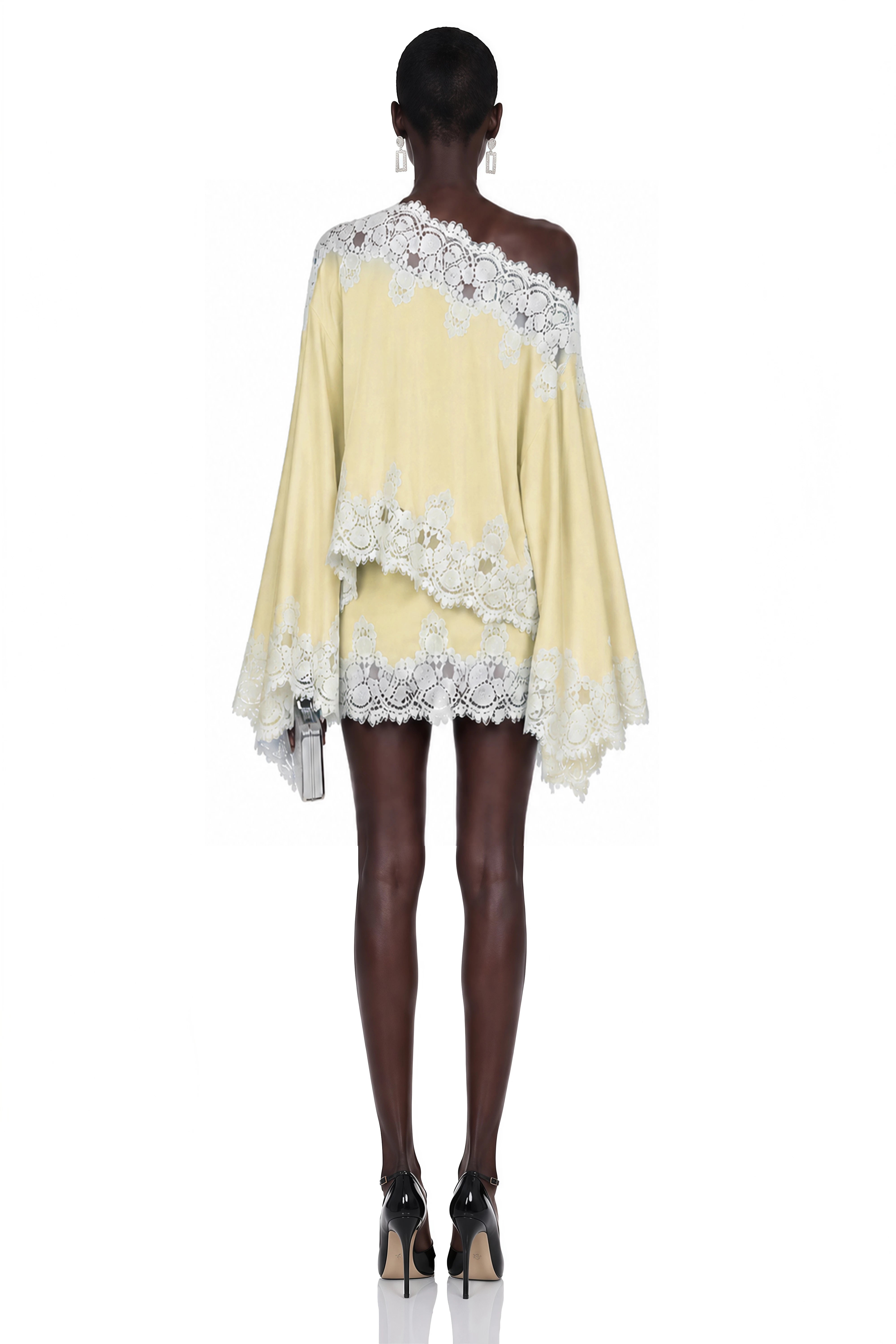 Sophia Yellow One Shoulder Top & Skirt Set with Lace Trim