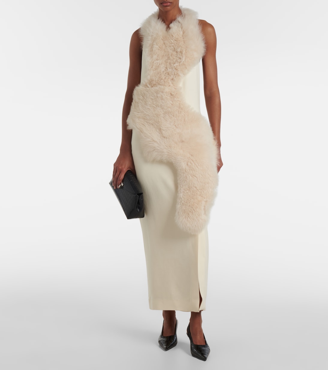 Shearling-trimmed cady midi dress
