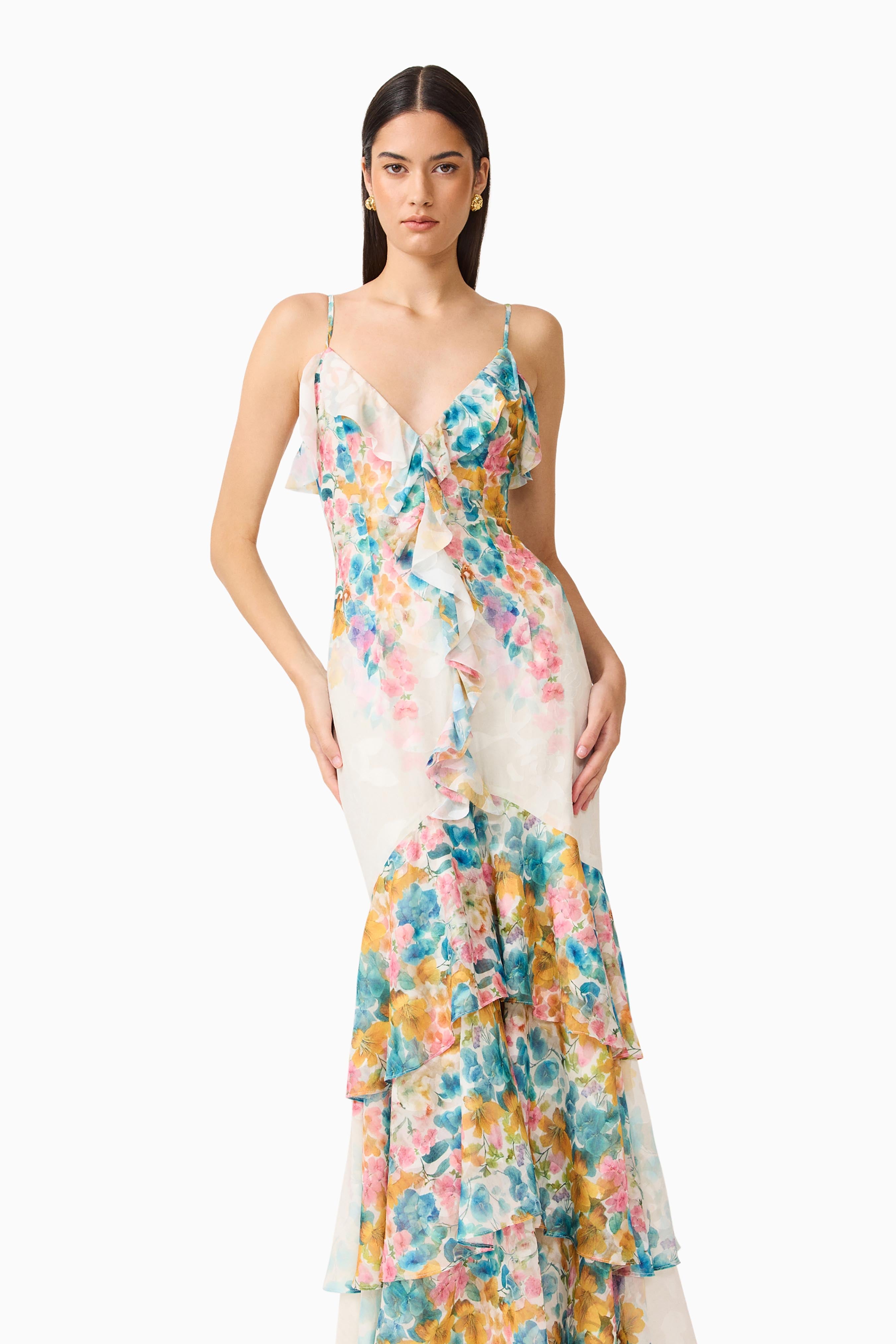 Clementina Ruffle Maxi Dress in Multi Floral