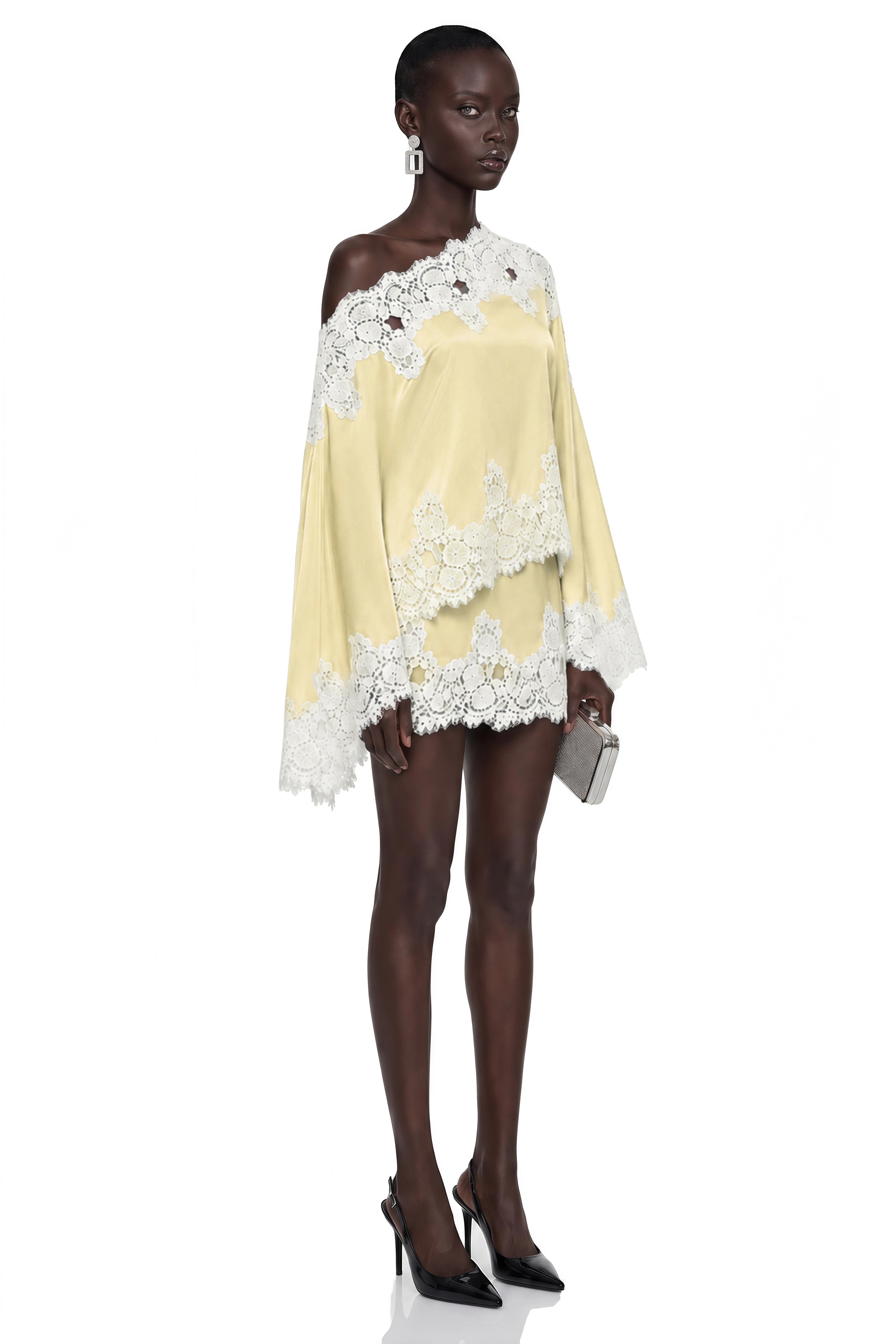 Sophia Yellow One Shoulder Top & Skirt Set with Lace Trim