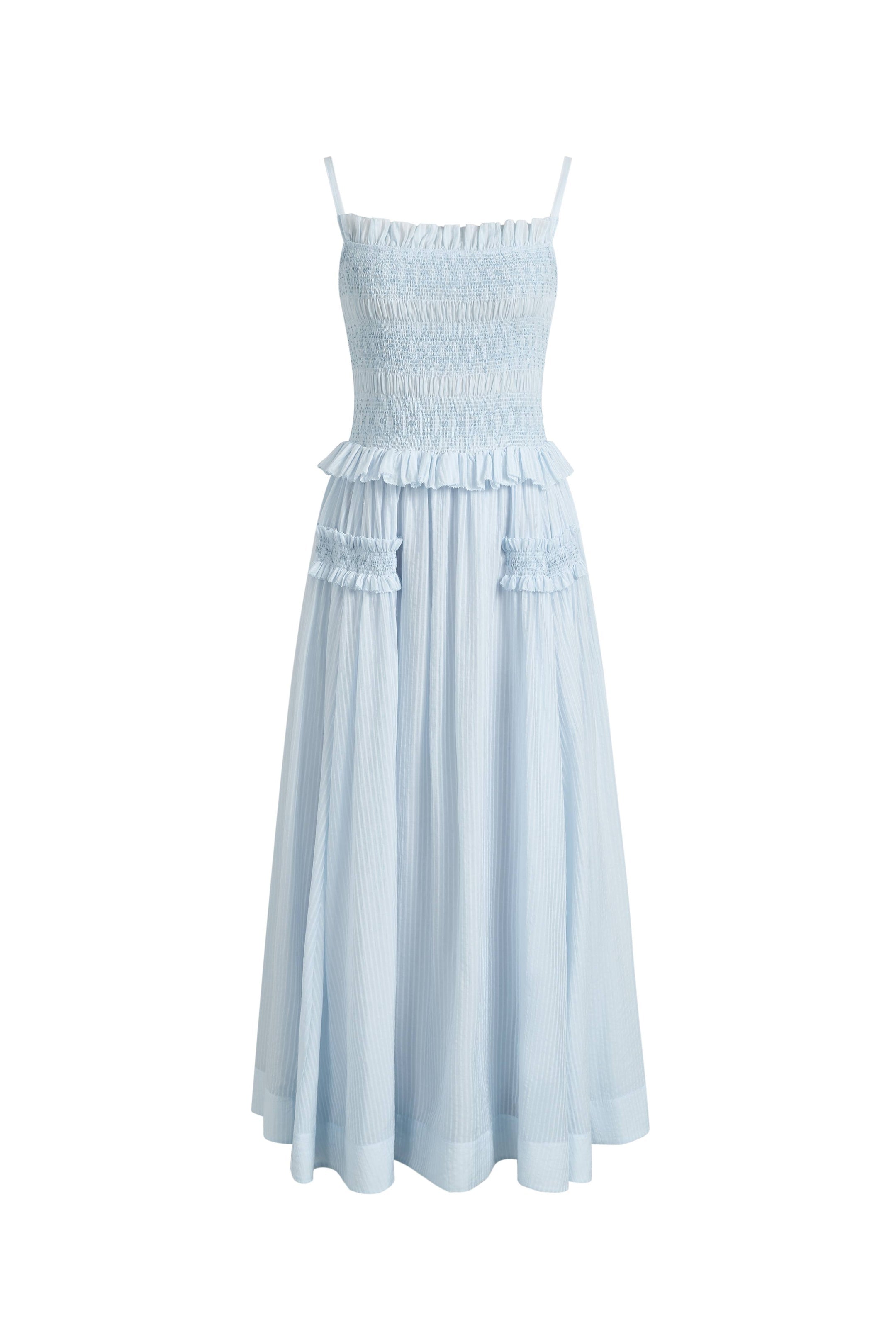 Cirra Smocked Ruffle Trim Striped Sleeveless Cami Dress in Sheer Fabric