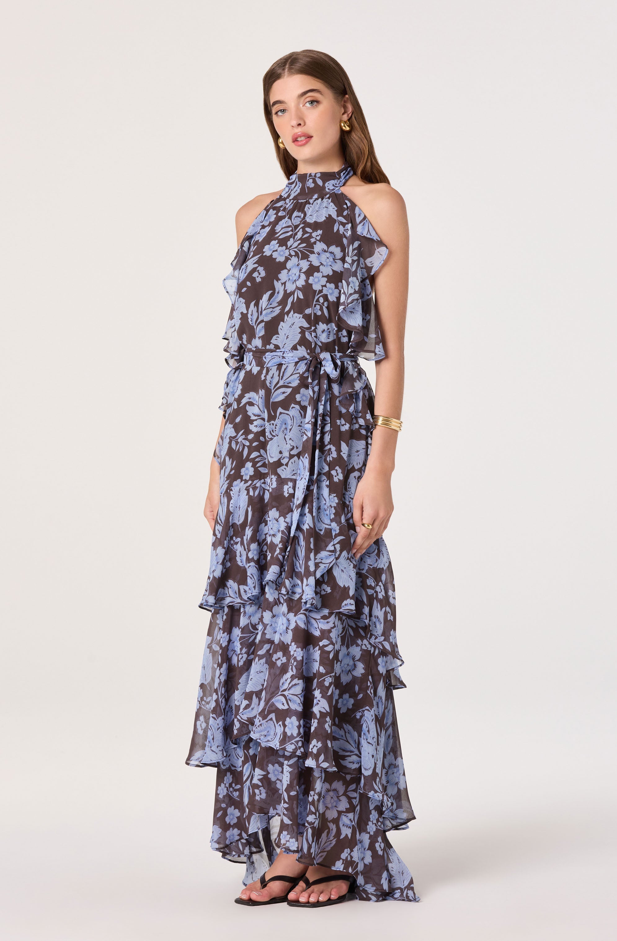 Lae High-Neck Ruffle Maxi Dress - Blue brown floral / XS