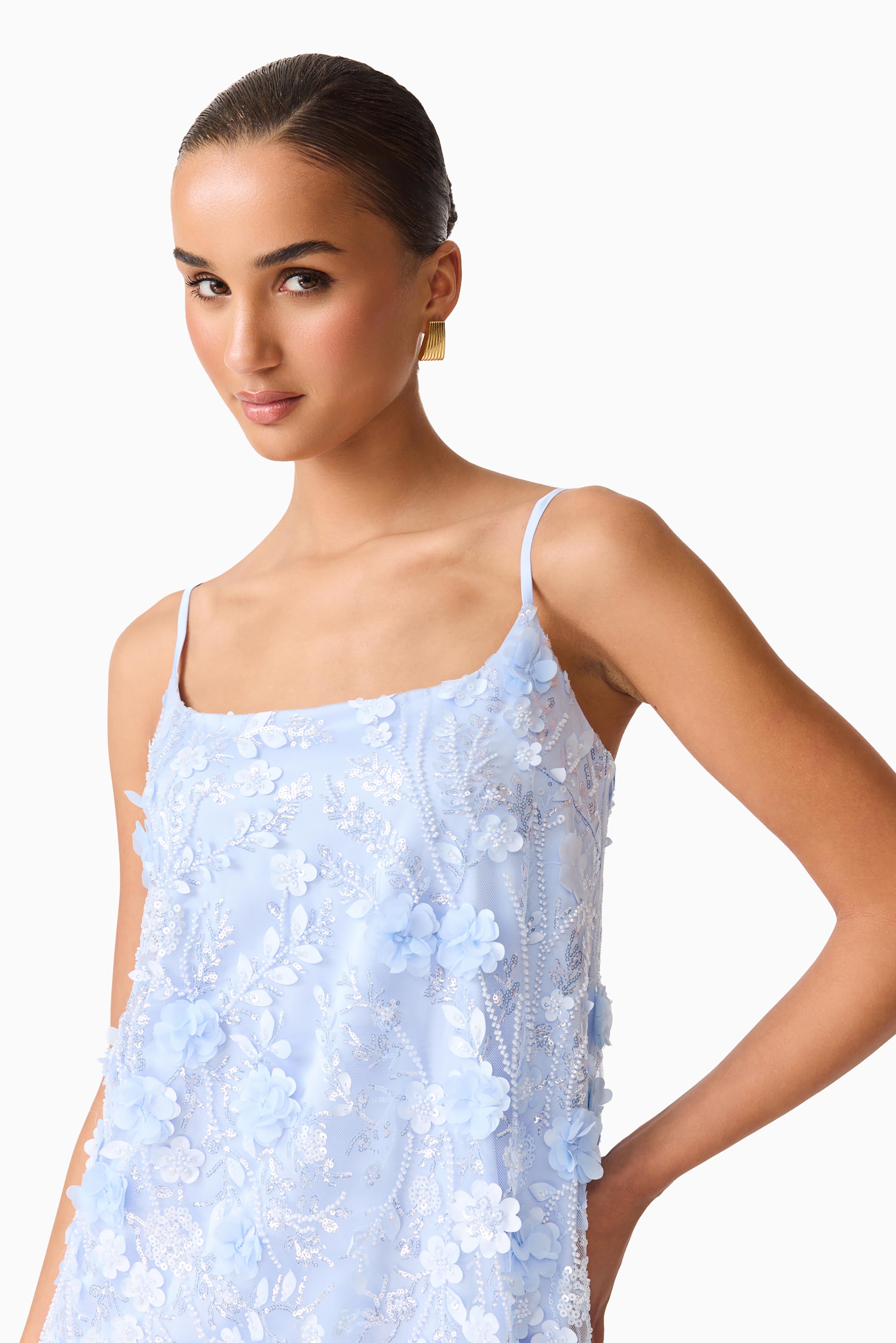 Rina Embellished Shift Mini Dress in Blue
