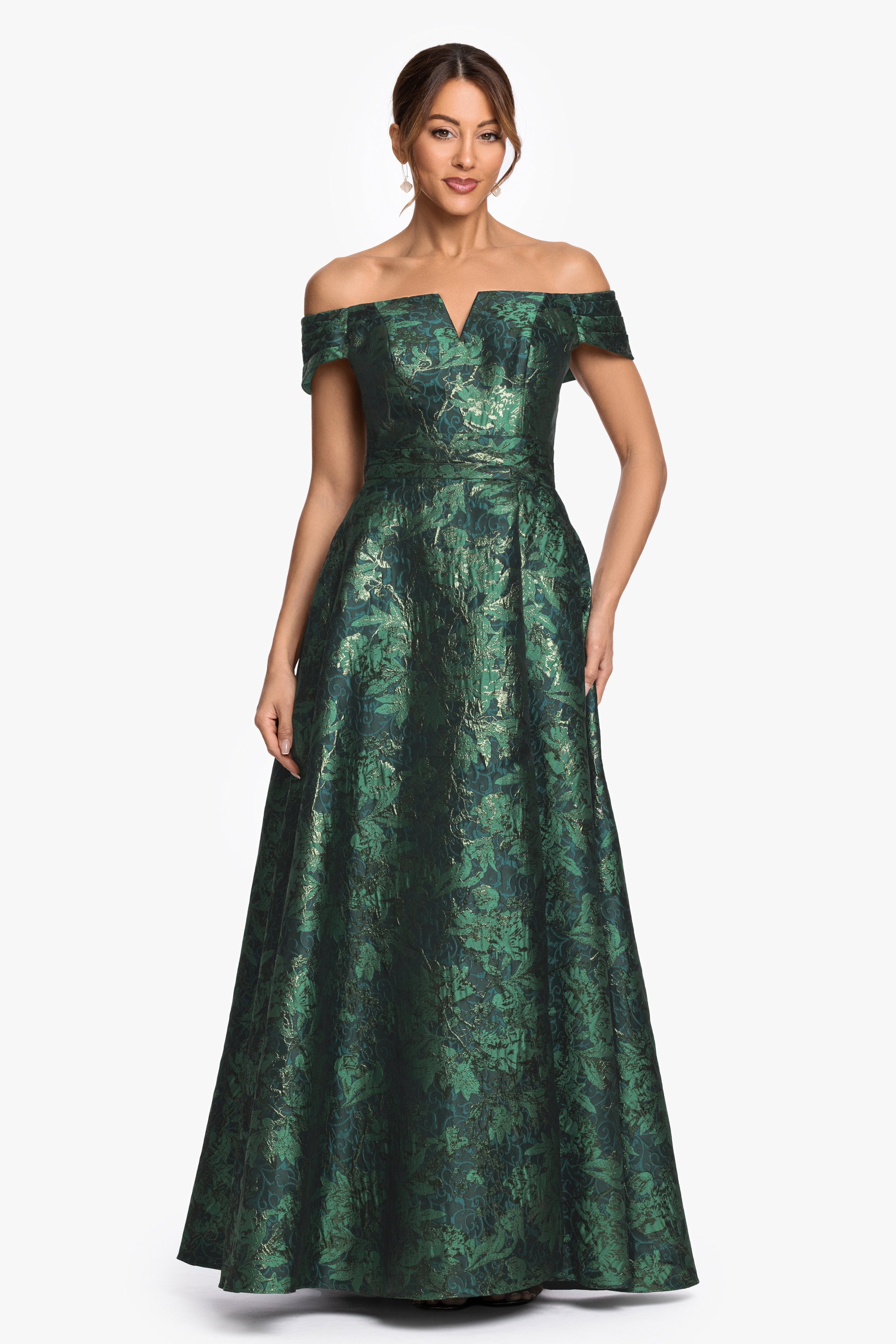 "Esther" Printed Brocade Off The Shoulder Gown