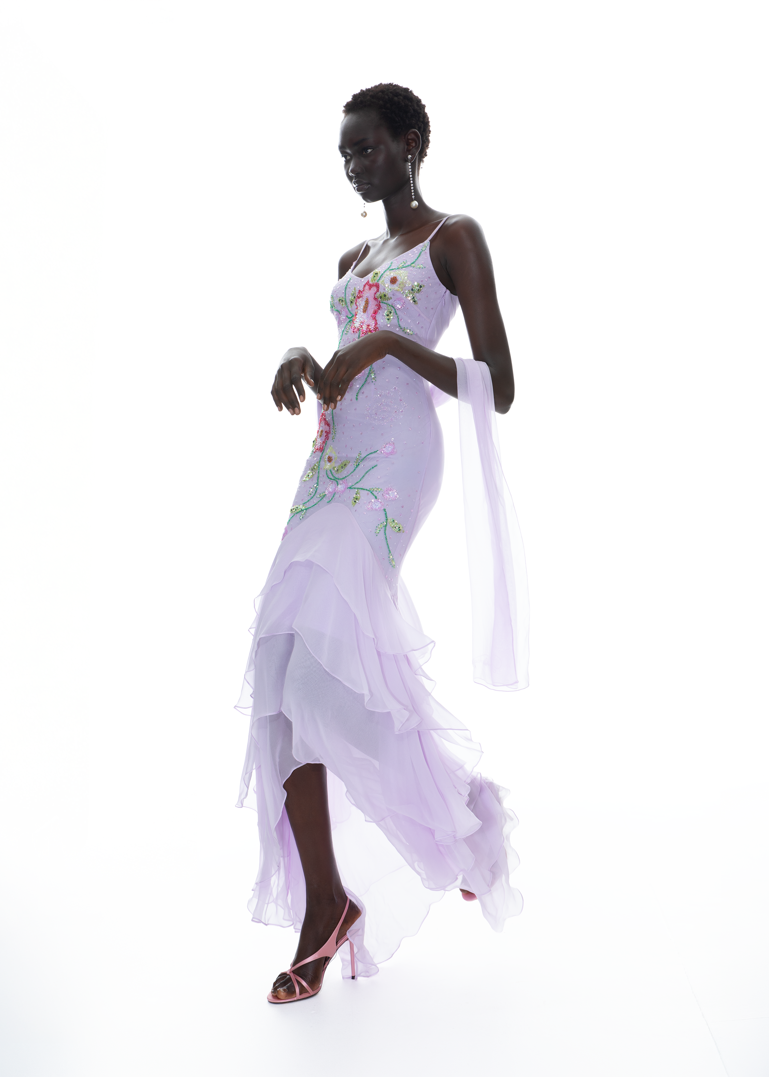 The Enchanted Moonelle Gown | Lavender Silk Hand-Beaded Evening Dress