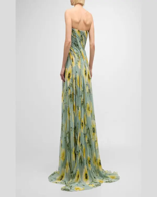 Draped Poppies Chiffon Gown