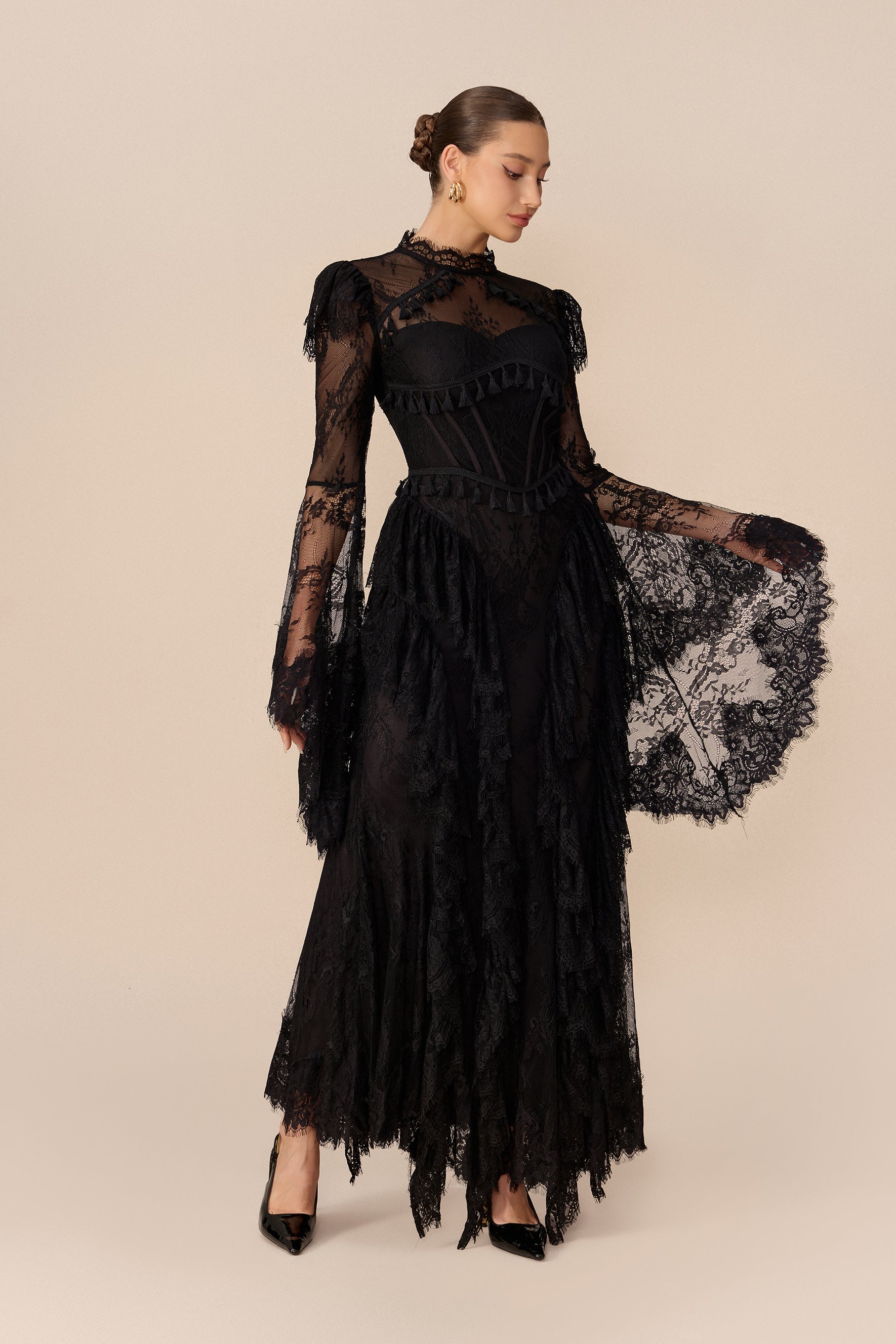 Vintage Allure Black Lace Corset Bell Sleeve Maxi Dress
