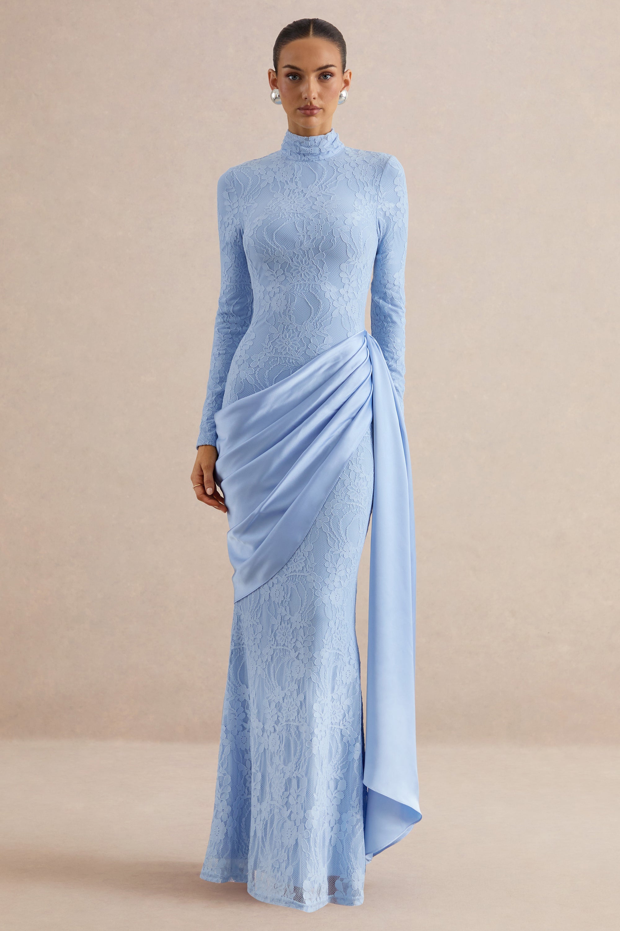 Enestra | Powder Blue High-Neck Lace Maxi-Dress With Draped-Skirt - US 2 / BLUE