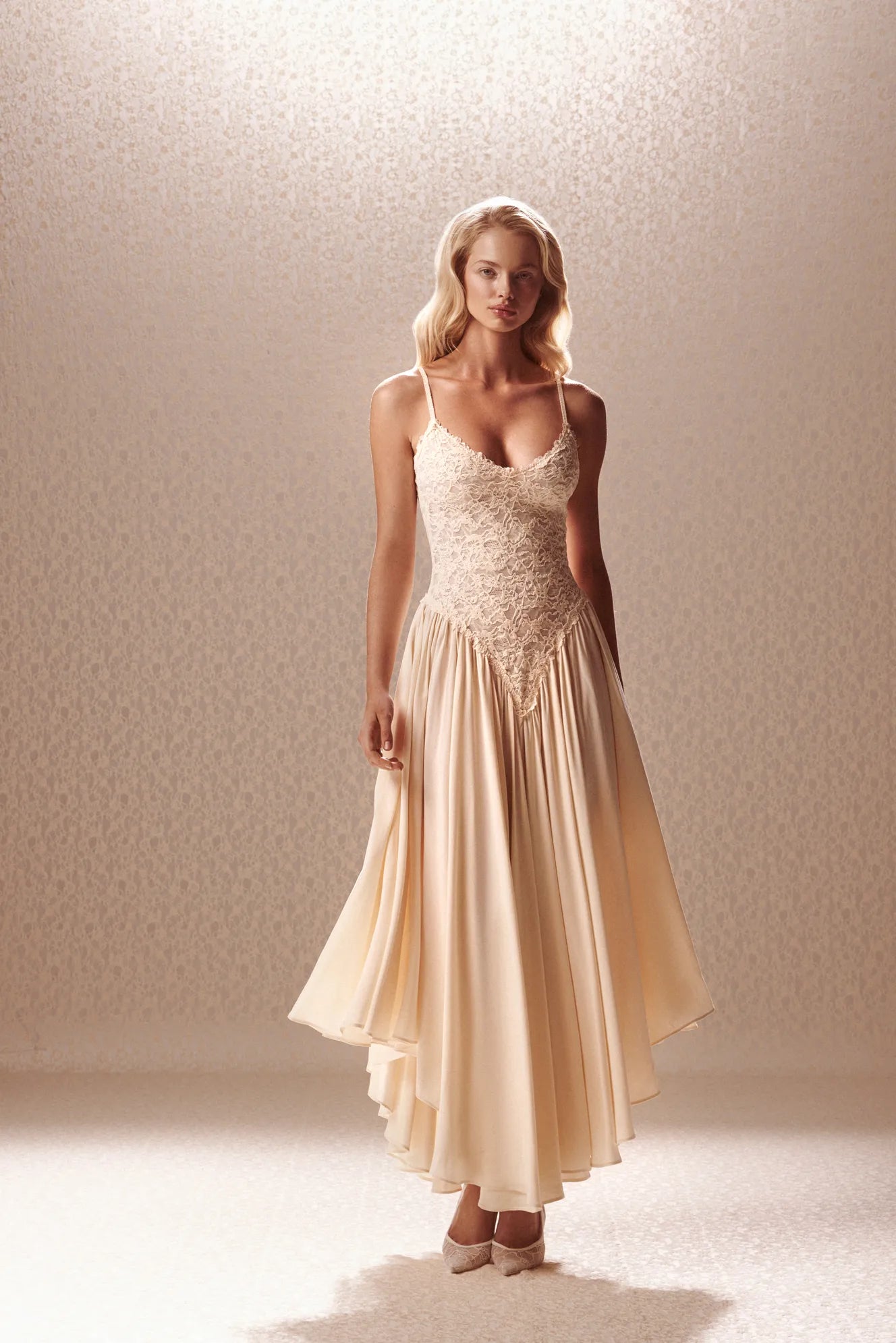 Ivory Lace Corset Drop-Waist Maxi Dress