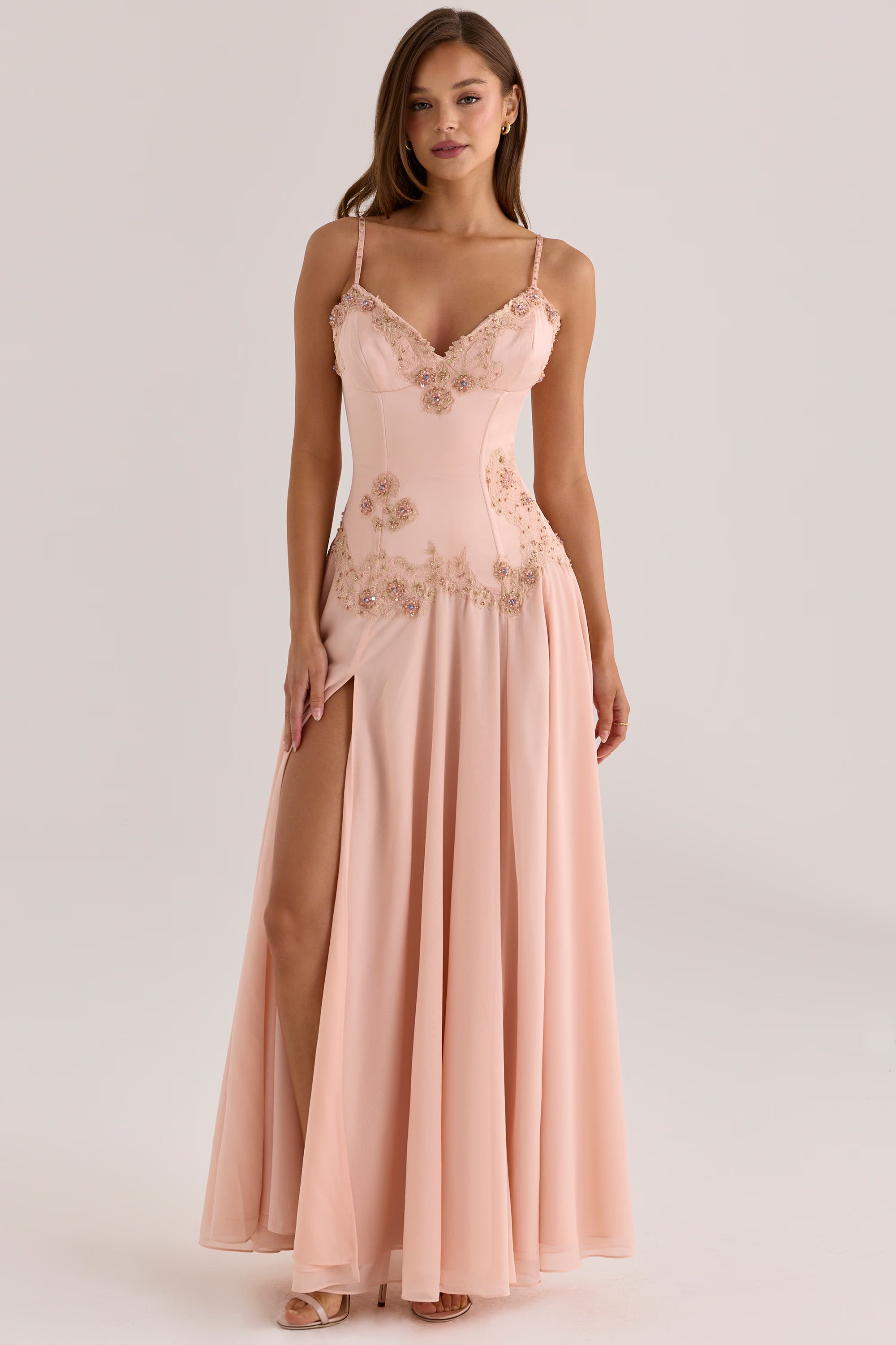 Saloma Blush Satin Custom Hand Beaded Embellished Maxi Dress - Limited Edition