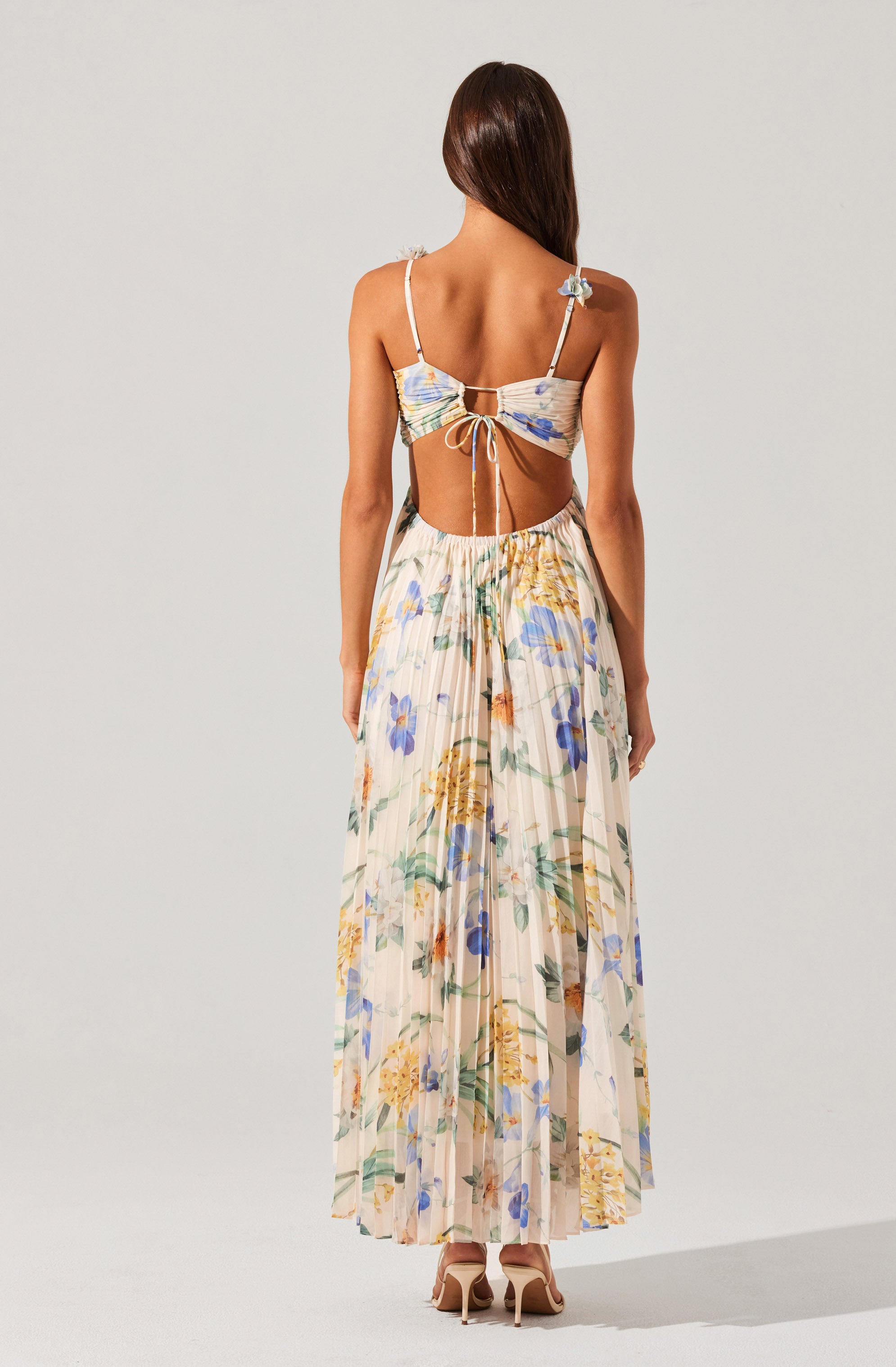 Emese Floral Pleated Maxi Dress - Blue multi floral / XS