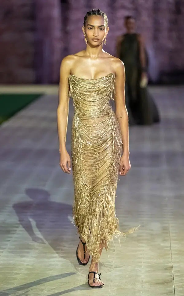Strapless Bugle Loops Maxi Cocktail Dress - Gold