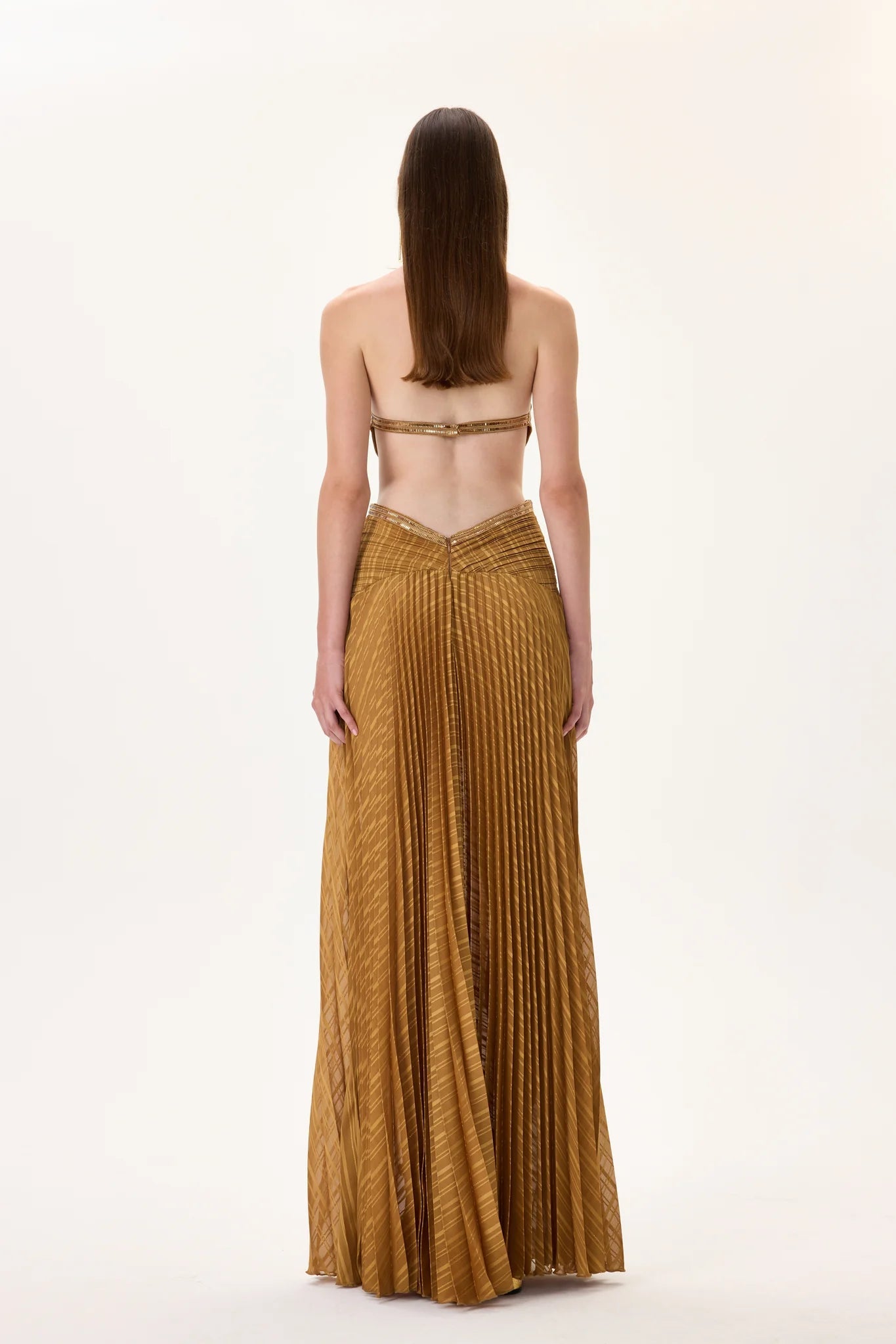 Pleated Chiffon Maxi Dress With Gold Rhinestone Borders