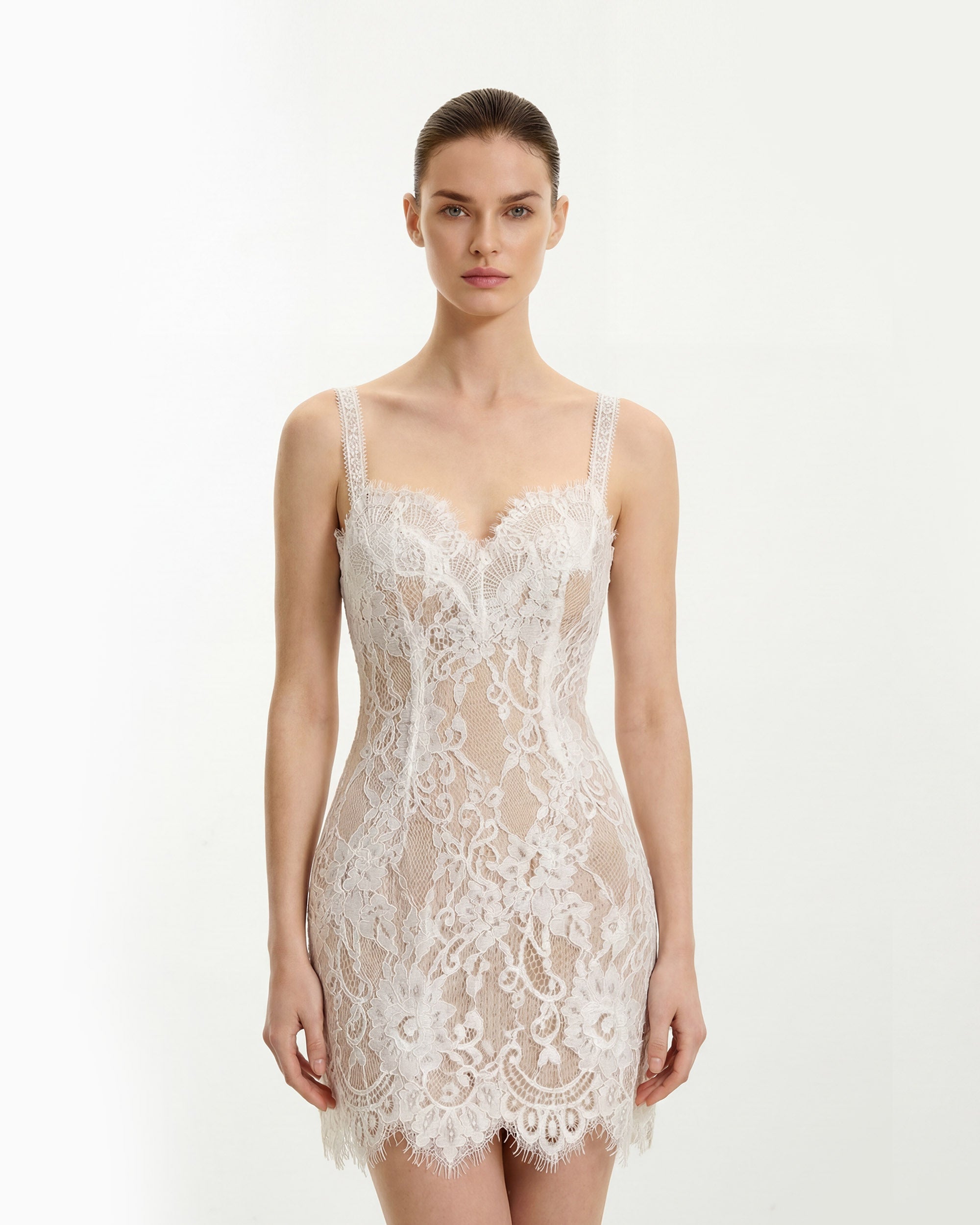 Eyelash Lace Bustier Bodycon Dress - White