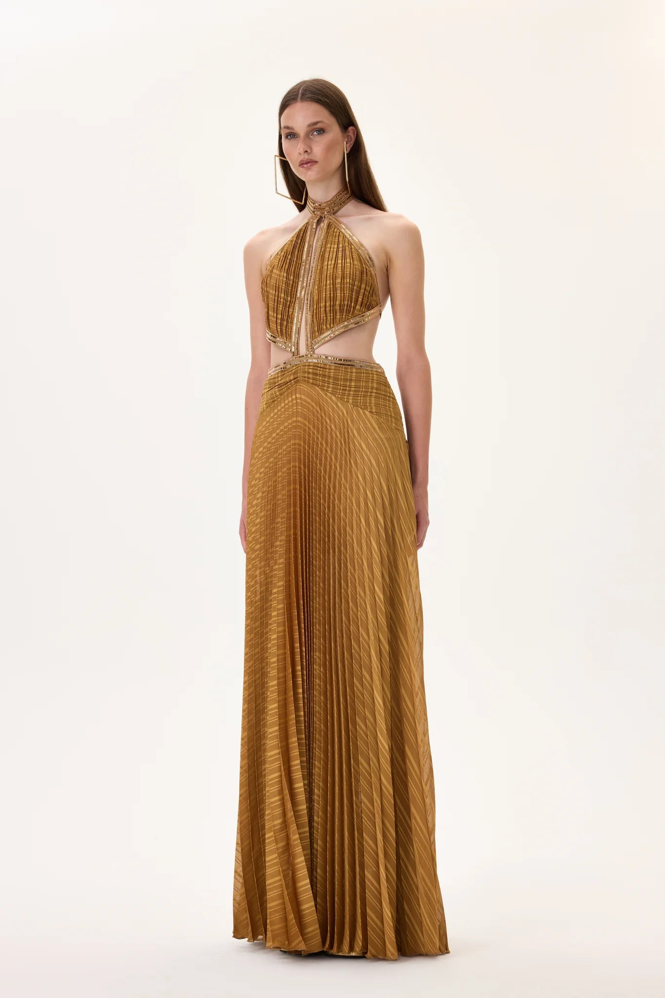 Pleated Chiffon Maxi Dress With Gold Rhinestone Borders