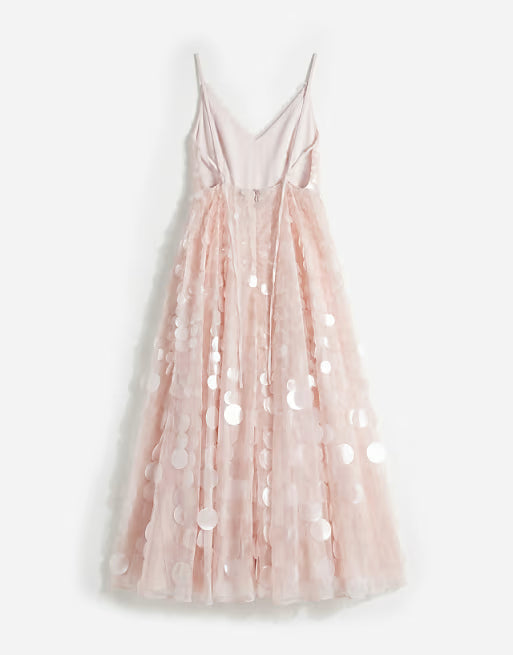 sequin embellished cami midi dress with full skirt in soft pink