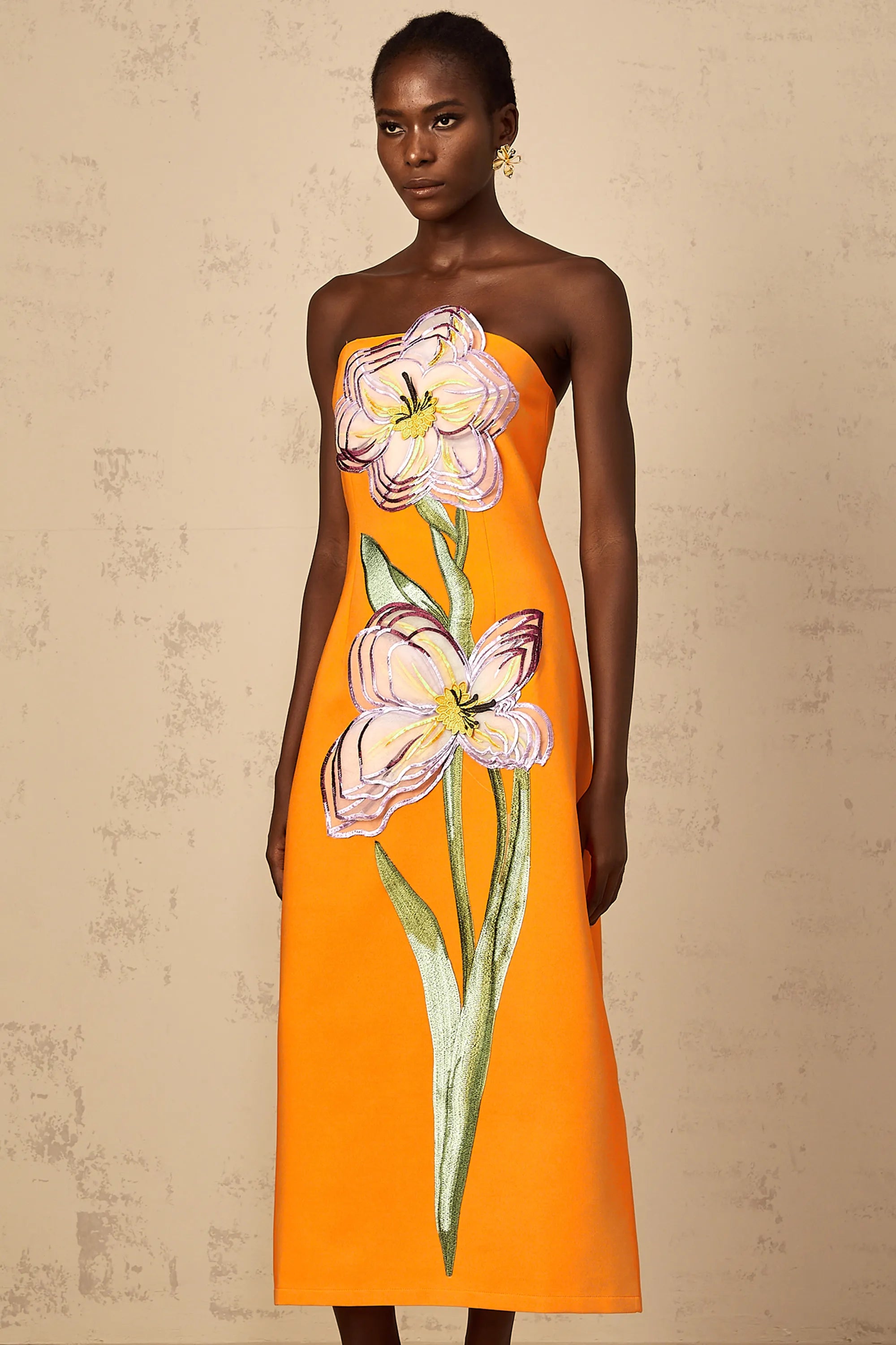 Irène Sequin Embroidered Off-Shoulder Midi Dress in Orange