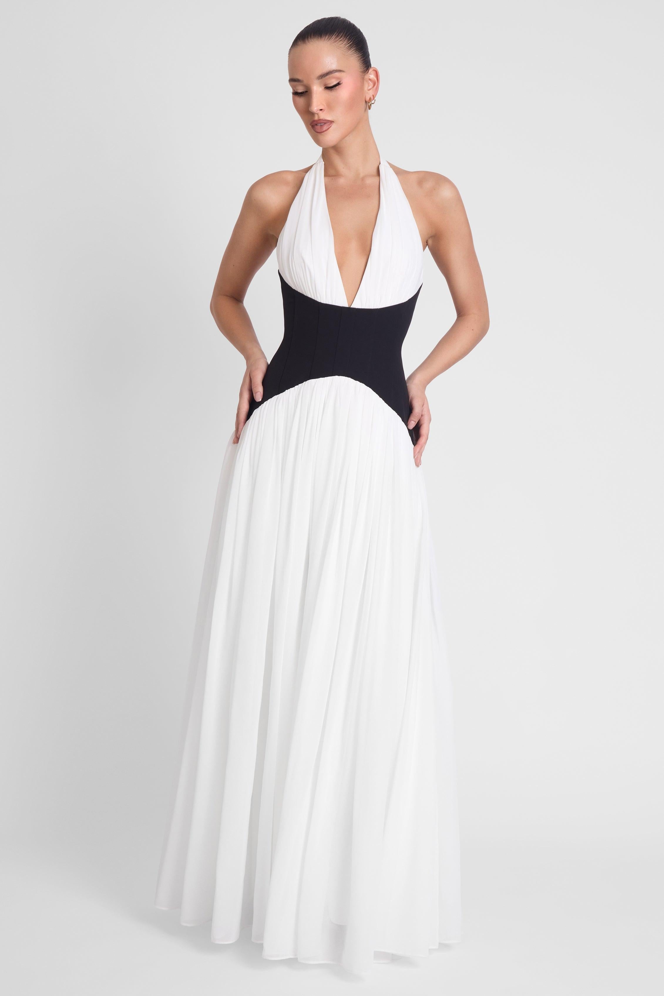 Harlowe Contrast Corset Maxi Dress - Black & White - XS