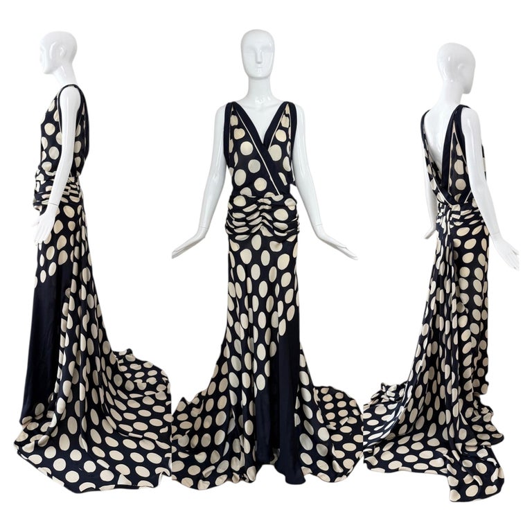 Abito da sera in seta blu notte con pois avorio, collezione Donna Karan 2003