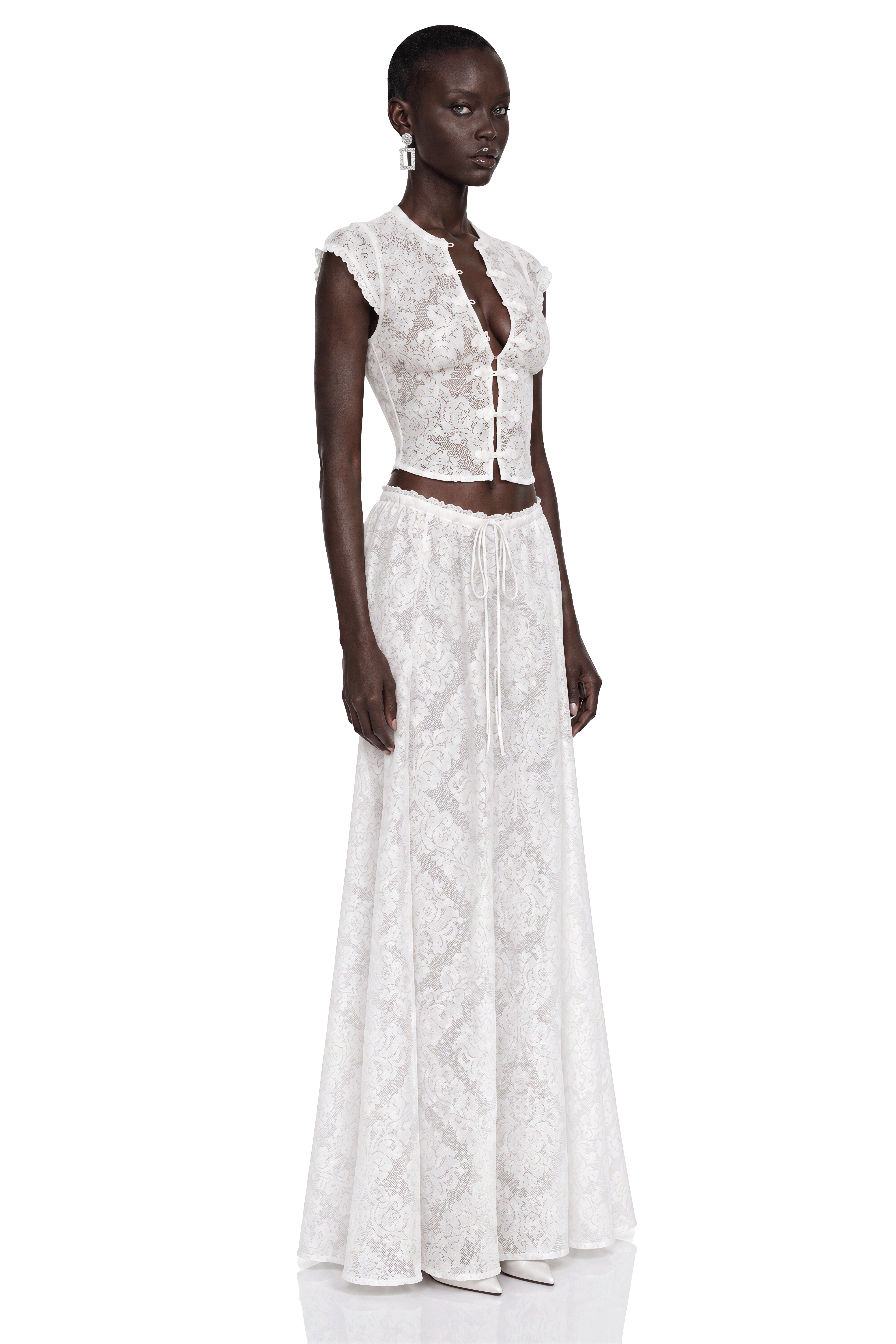Saskia White Lace Cap Sleeve Top & Maxi Skirt Set
