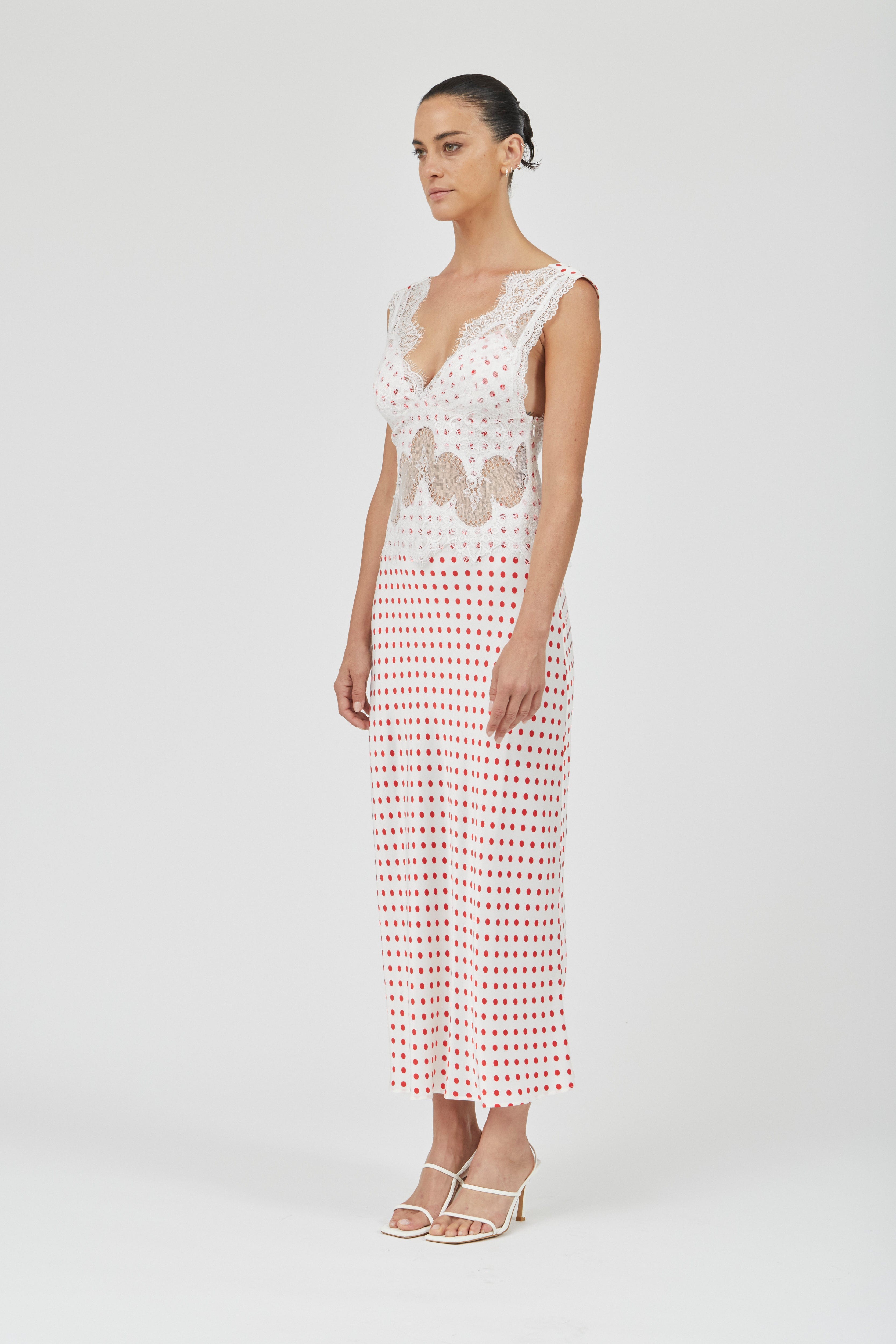 VISIONS LACE DEEP V MAXI DRESS | RED POLKA DOT