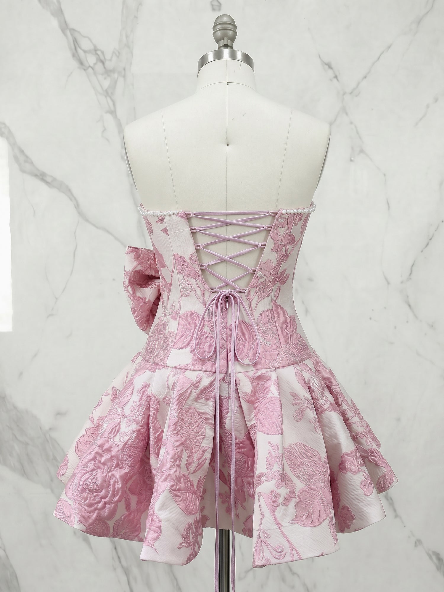 Strapless Pearl-Trimmed Floral Jacquard Short Homecoming Dresses with Side Bow - Pink