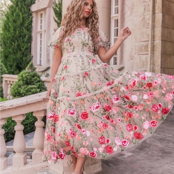 Jessakae The Rose Dress Floral Embroidered Tiered Maxi Boho Gown