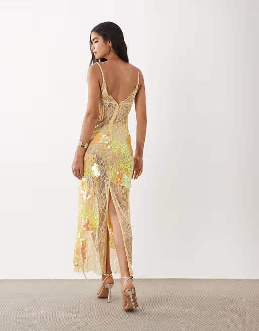 sheer lace cami maxi dress with placement embellishment in yellow