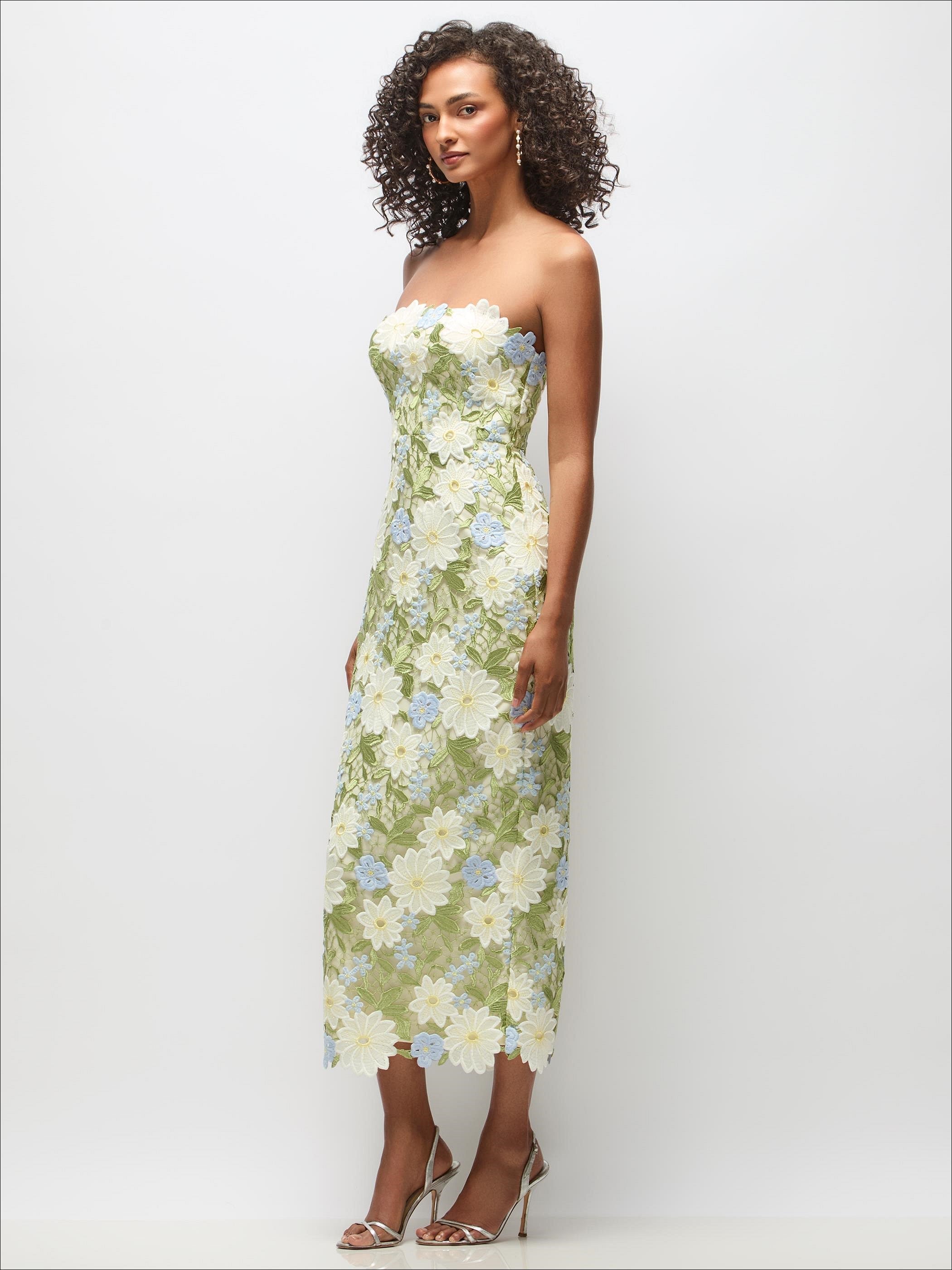 Strapless Daisy Lace Column Midi Dress