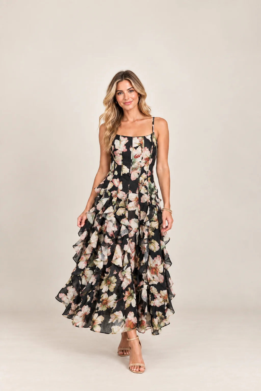 Romantic Floral Ruffle Hem Gown