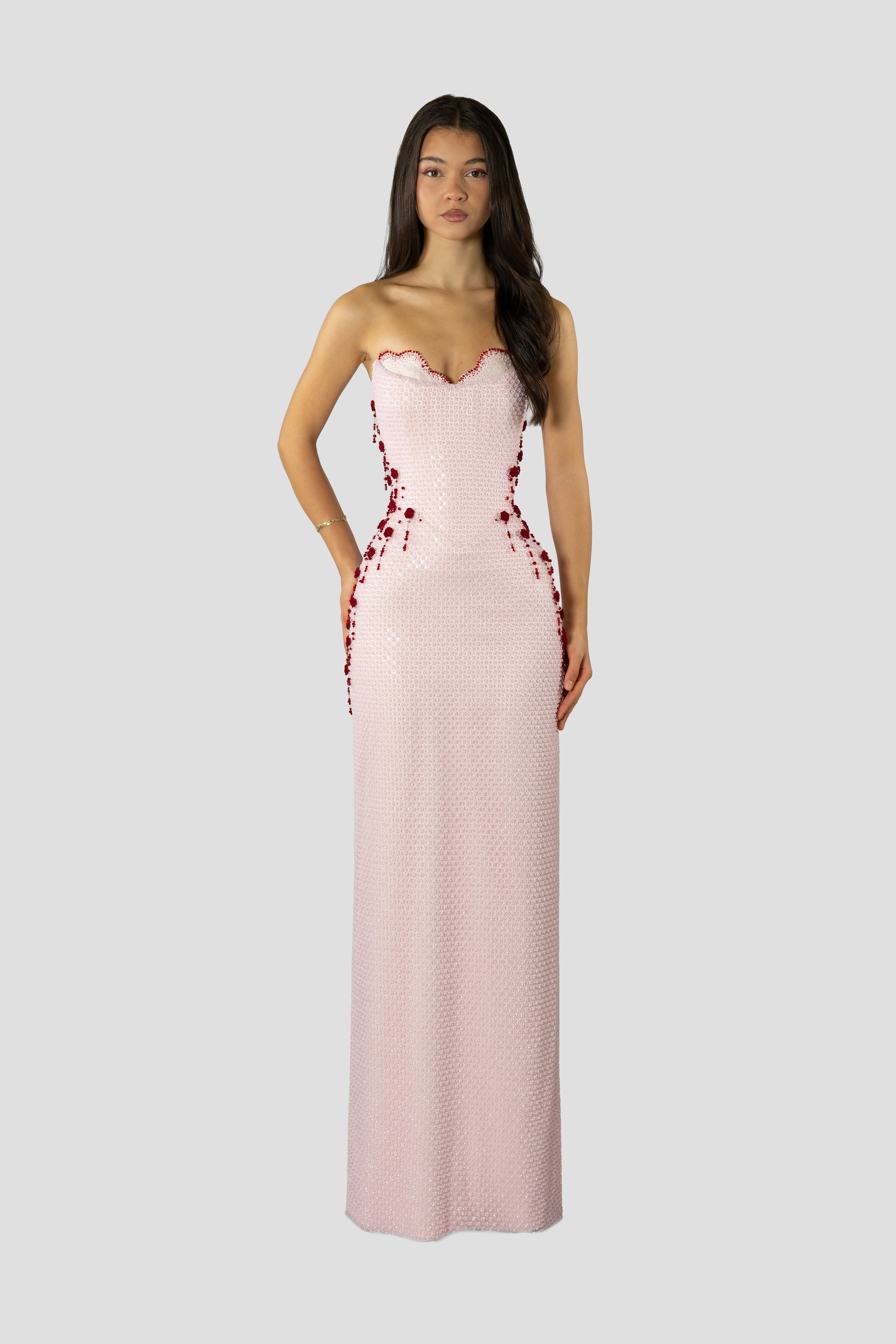 Light Pink And Red Velvet Floral Dress
