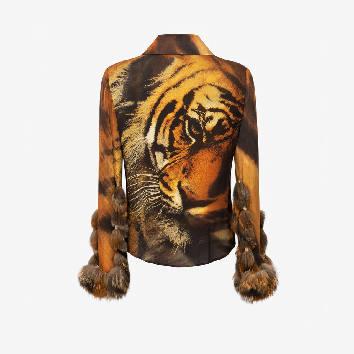 Roberto Cavalli F/W 2000 Tiger Print Silk Shirt with Fur Trim