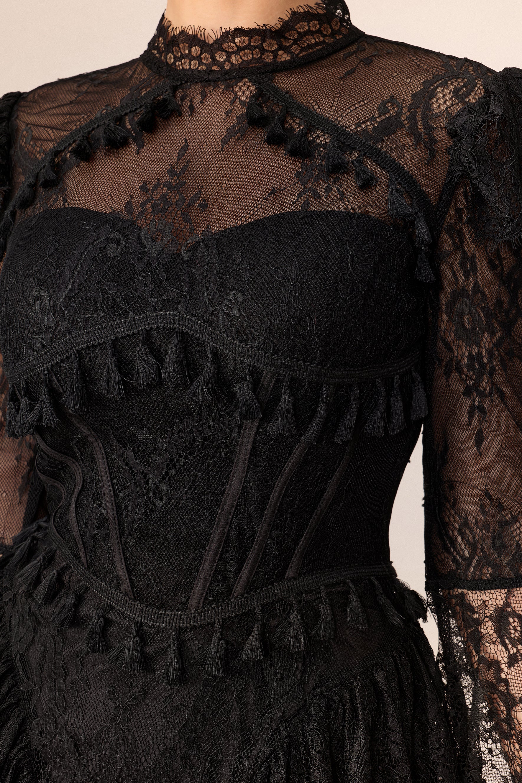 Vintage Allure Black Lace Corset Bell Sleeve Maxi Dress
