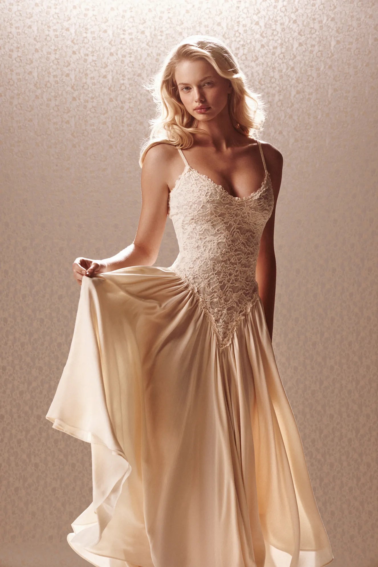 Ivory Lace Corset Drop-Waist Maxi Dress