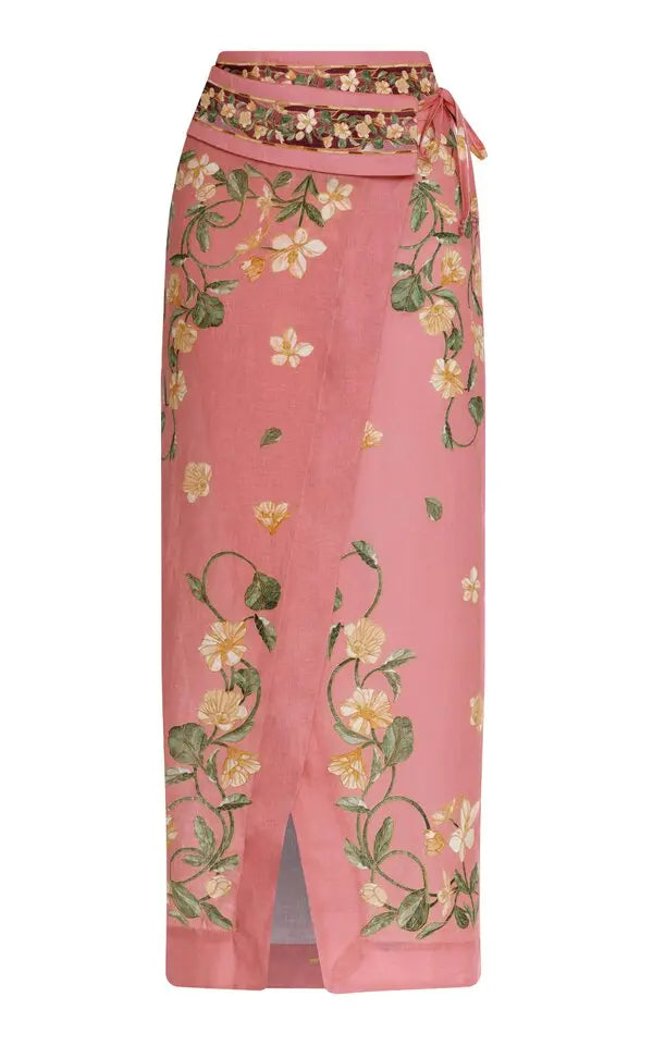 Linen Floral Wrap Maxi Skirt
