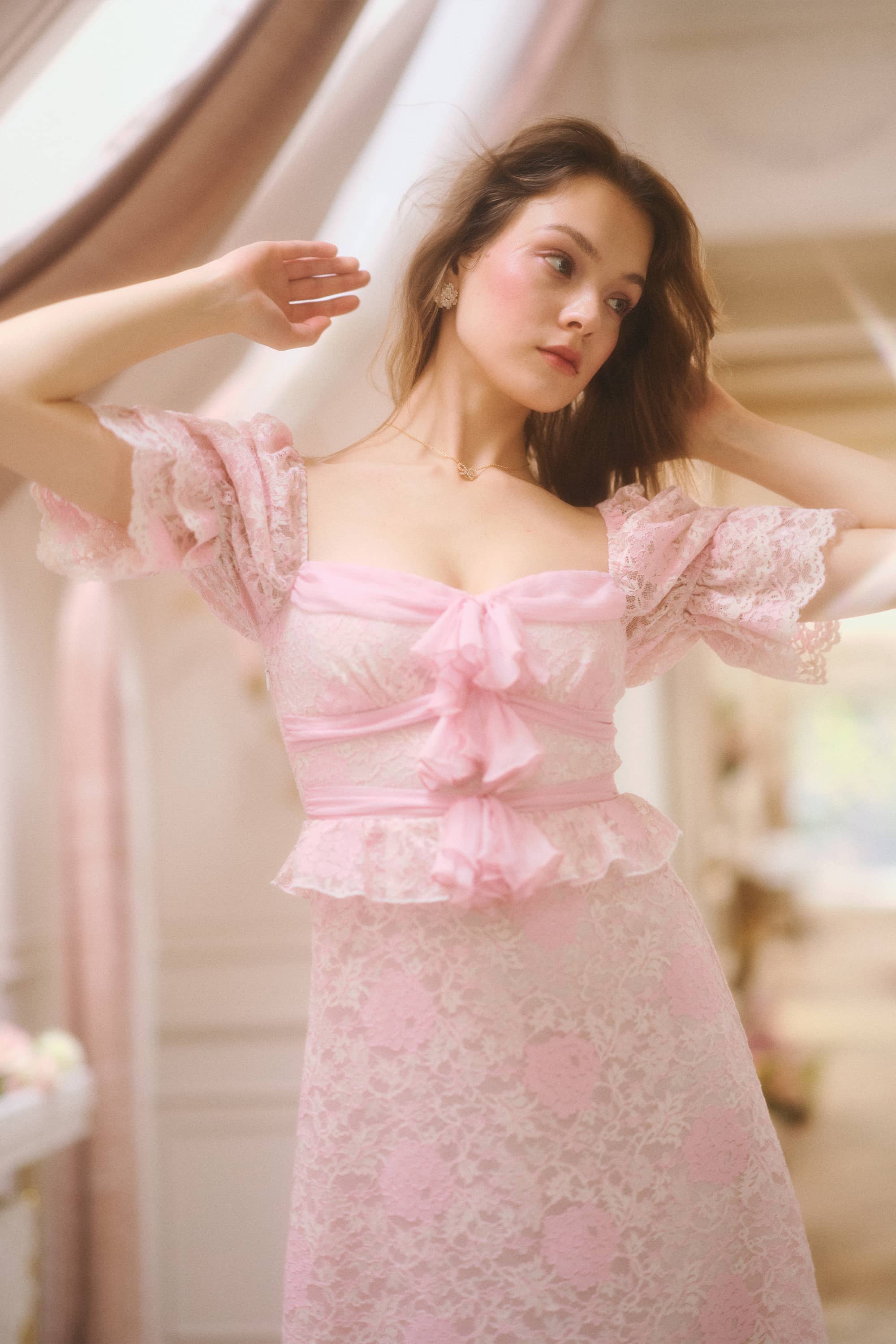 Harriet Lace Chiffon Midi Dress in Blush Pink - XS