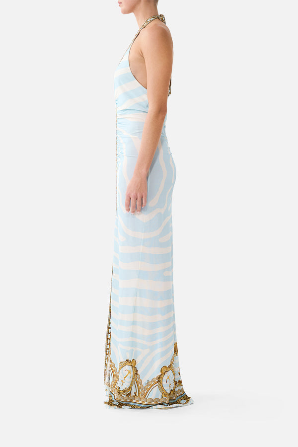 RUCHED FRONT HALTER DRESS SPIRIT OF STRIPES