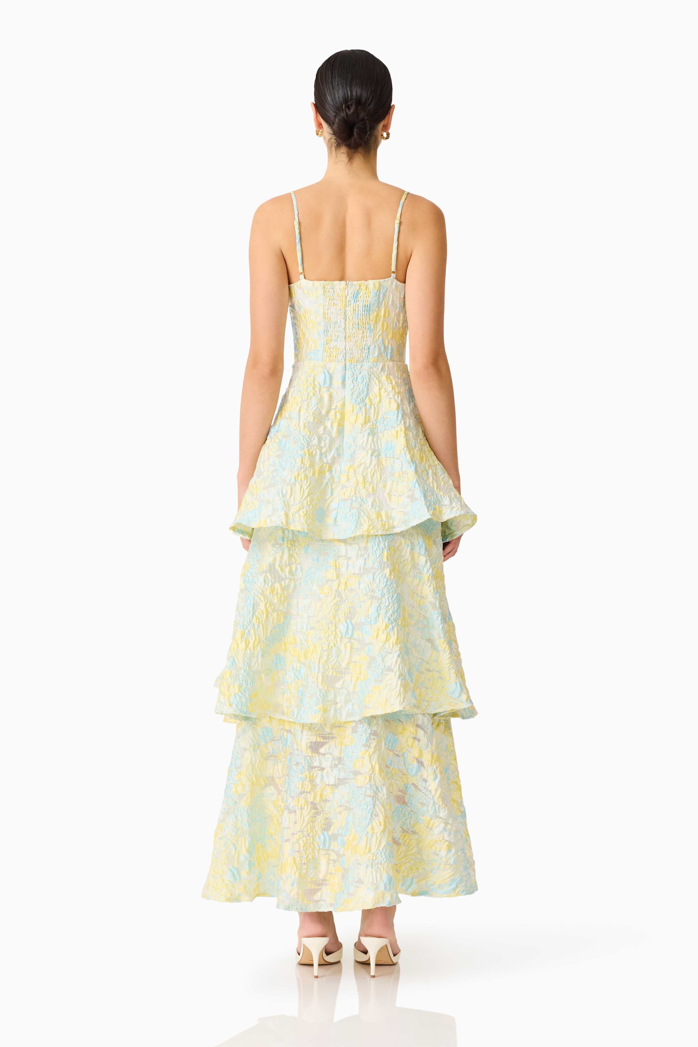 Penelope Tiered Gown in Yellow & Blue Floral
