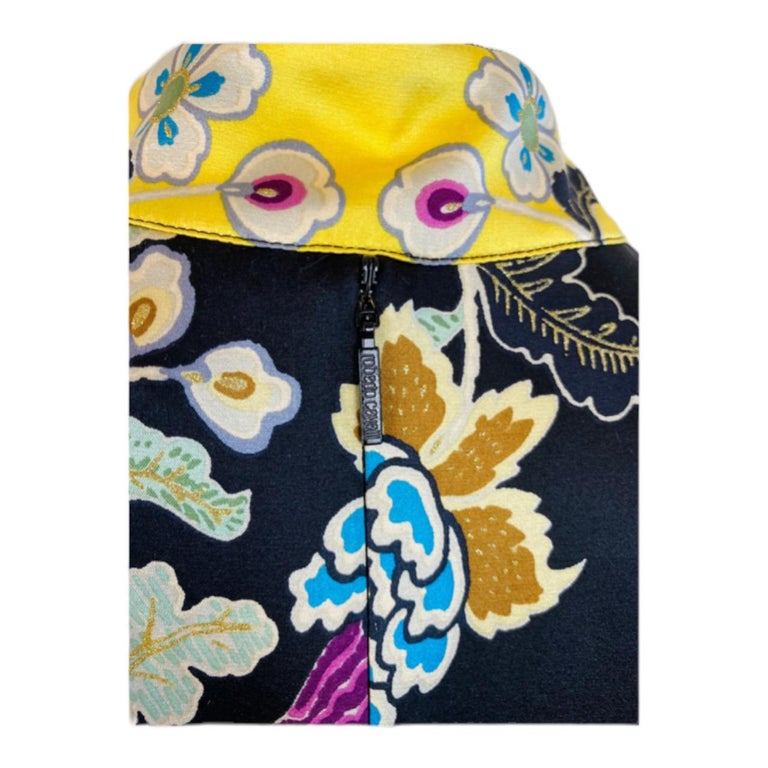 Vintage Roberto Cavalli P/E 2003 Mini Abito in Seta Floreale Giallo Chinoiserie