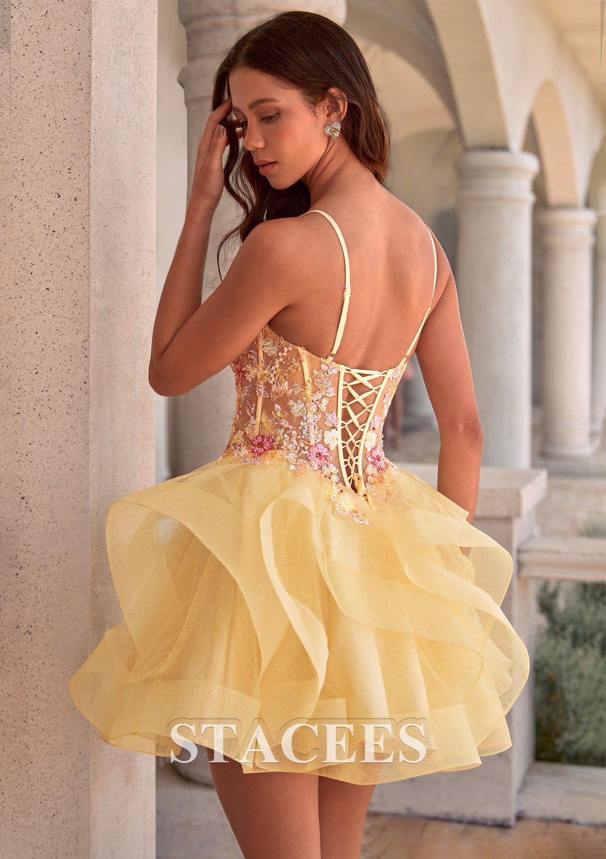 A-line Tiered Ruffle Homecoming Dress with Floral Applique Corset