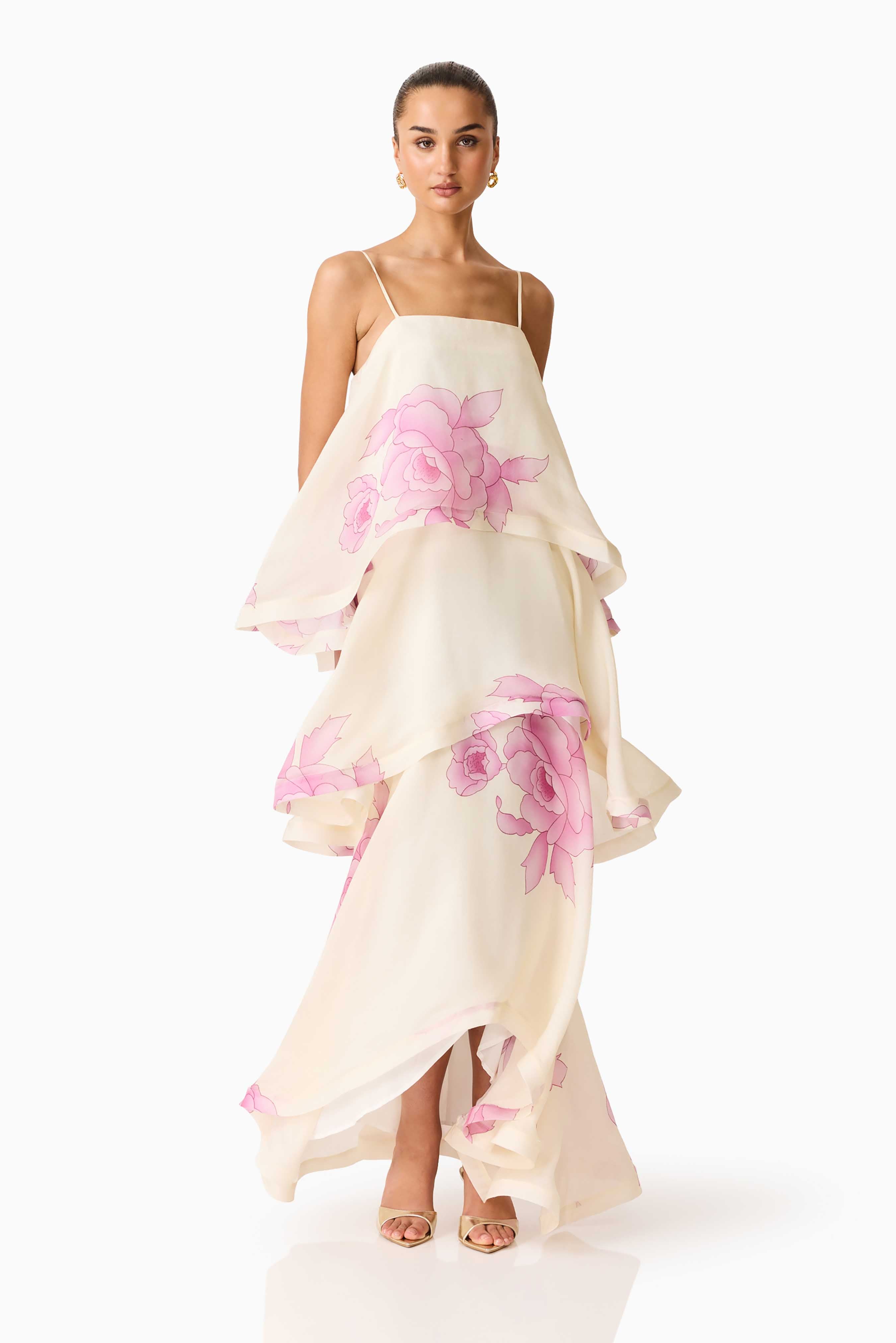 Rova Tiered Gown in Cream & Pink Floral