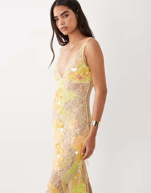 sheer lace cami maxi dress with placement embellishment in yellow