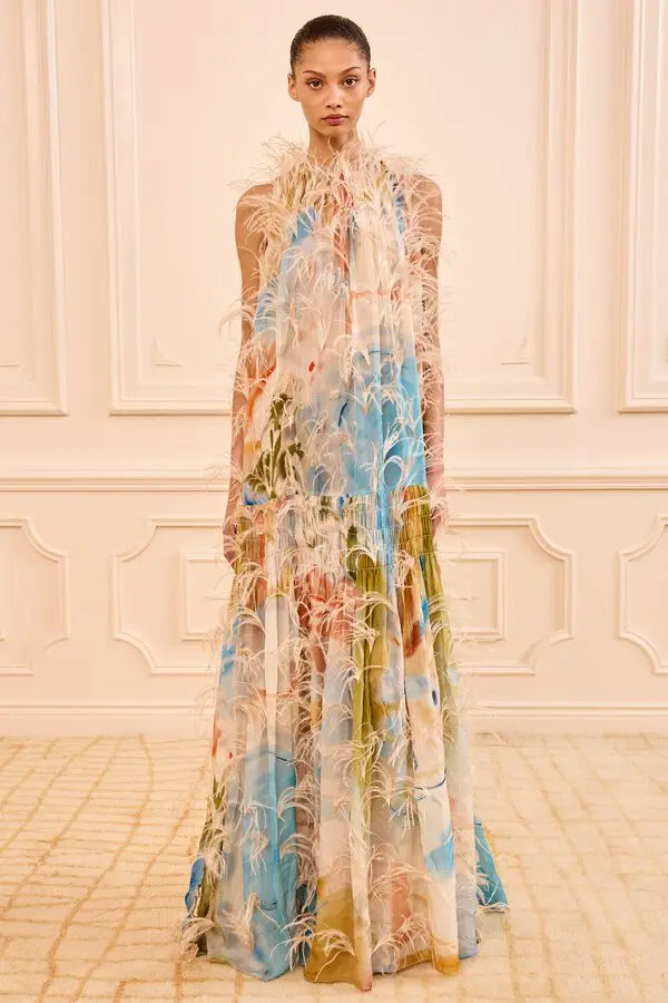 Gossamer Gown With Feather Embroidery
