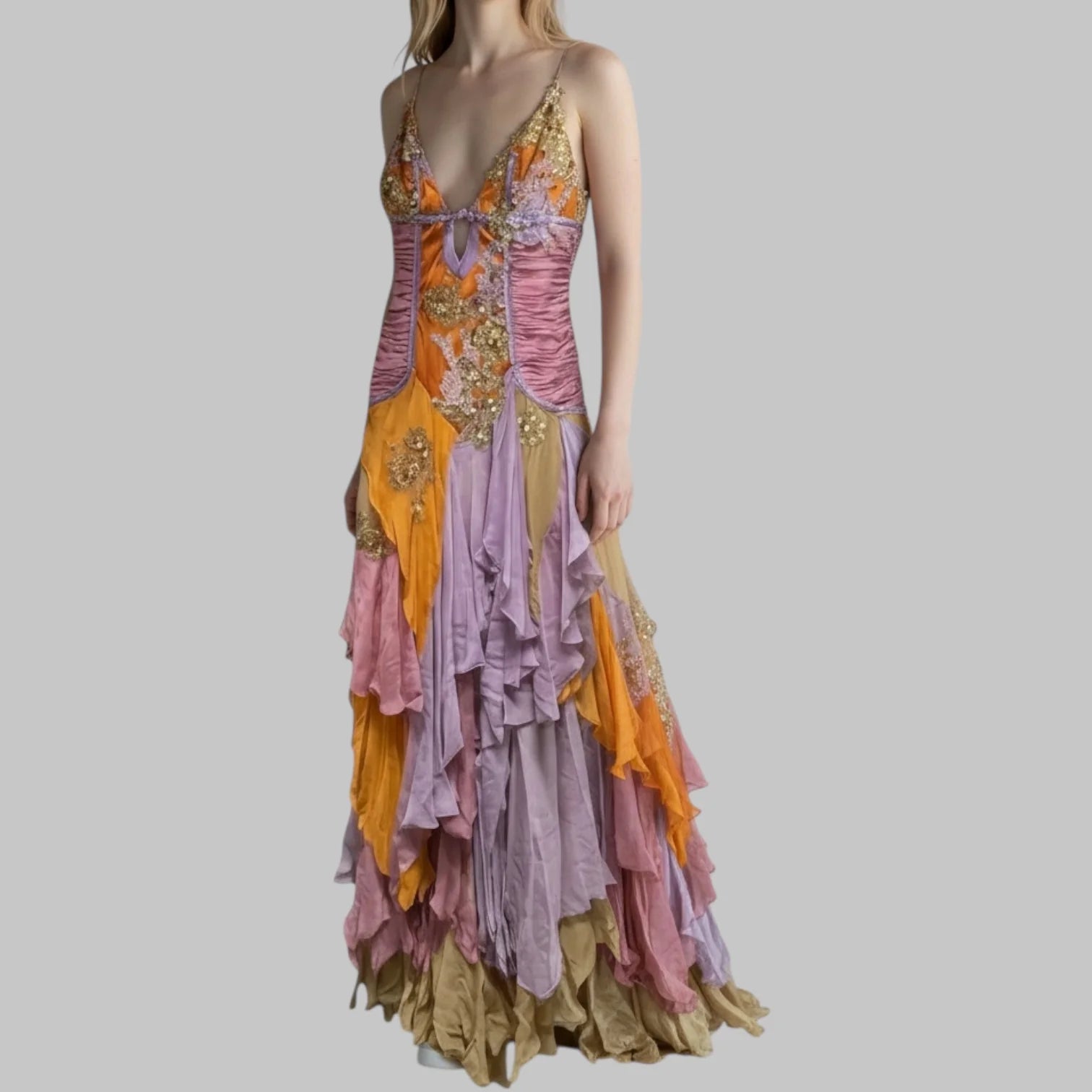 Layered embroidered gown