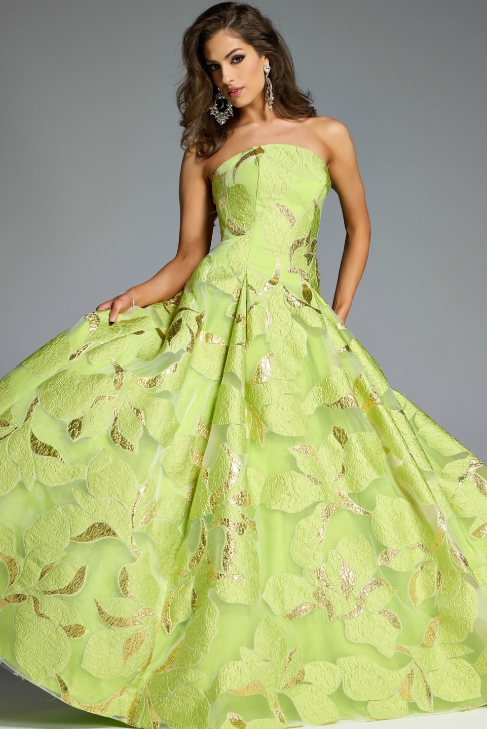 Strapless A-Line Gown with Textured Floral Motif 44369