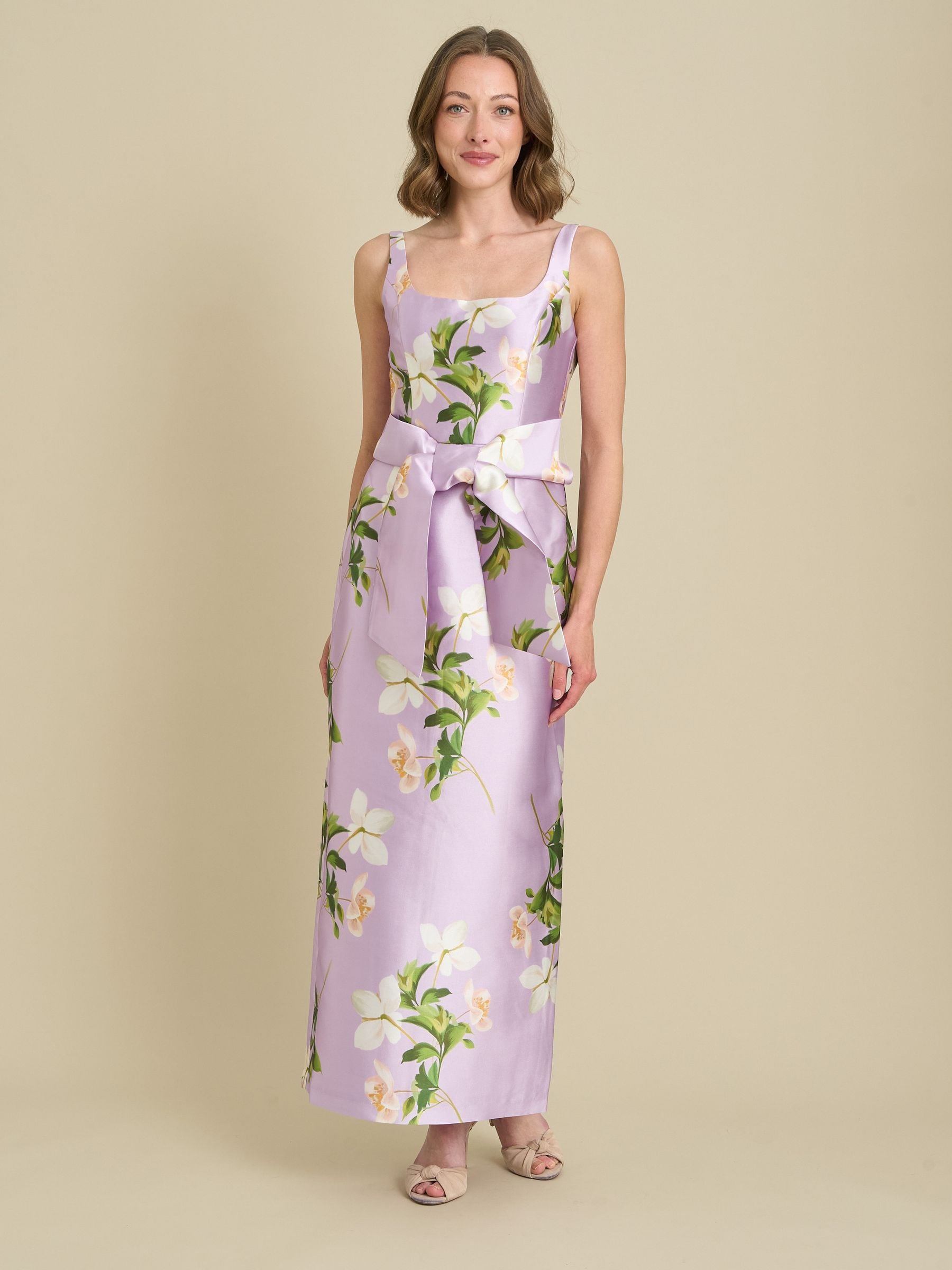 Gina Bacconi Purple Shawna Floral Tie Waist Maxi Dress - Size US 6