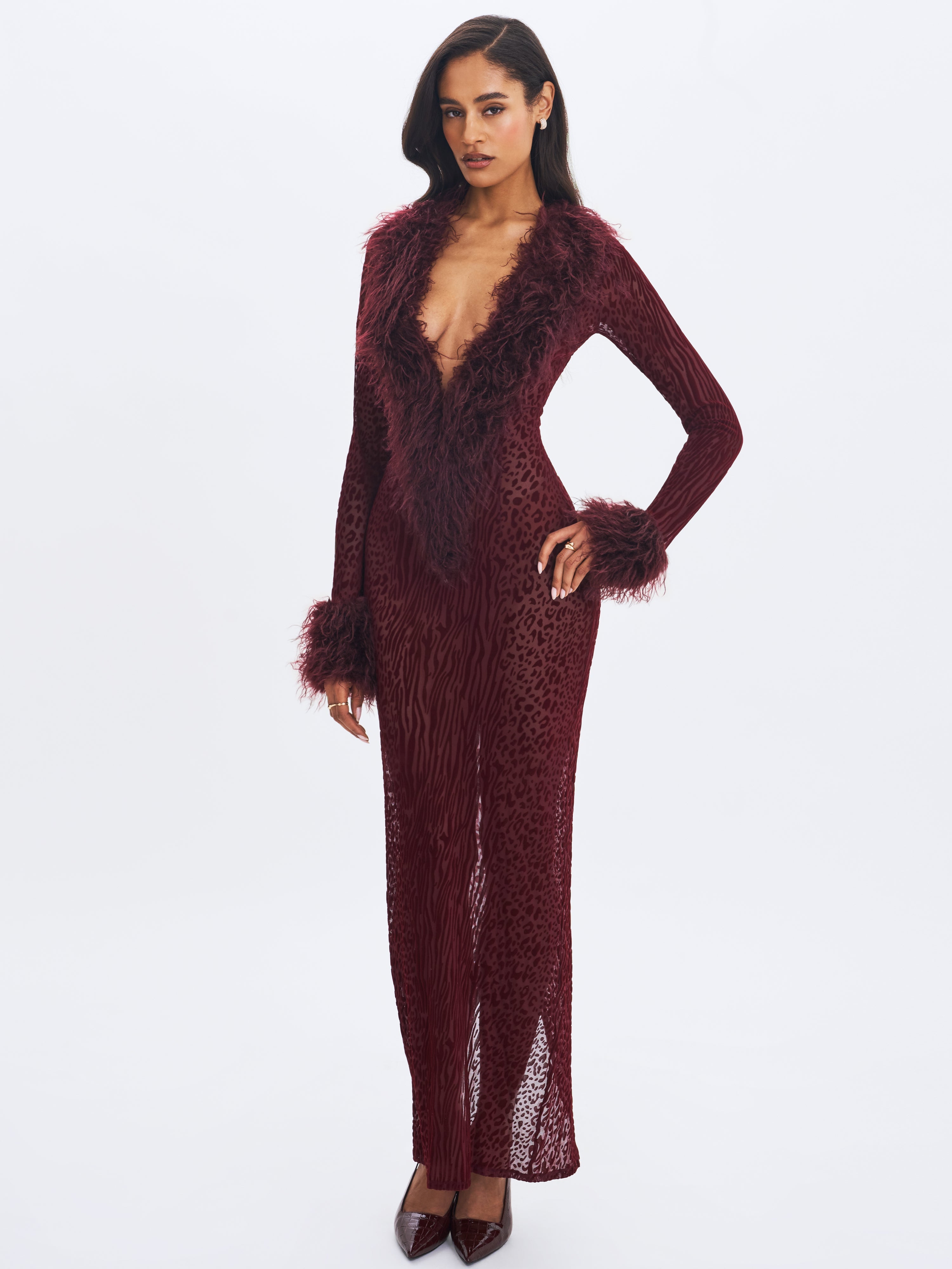 Luana Burgundy Plunging Fur Trimmed Burnout Mesh Maxi Dress