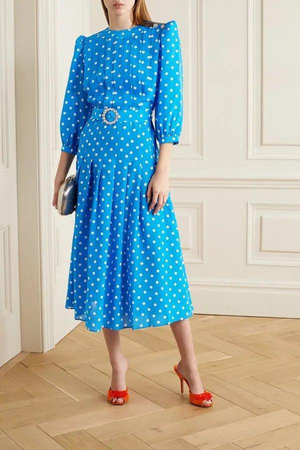 Pintucked Embellished Polka-dot Silk Crepe De Chine Midi Dress