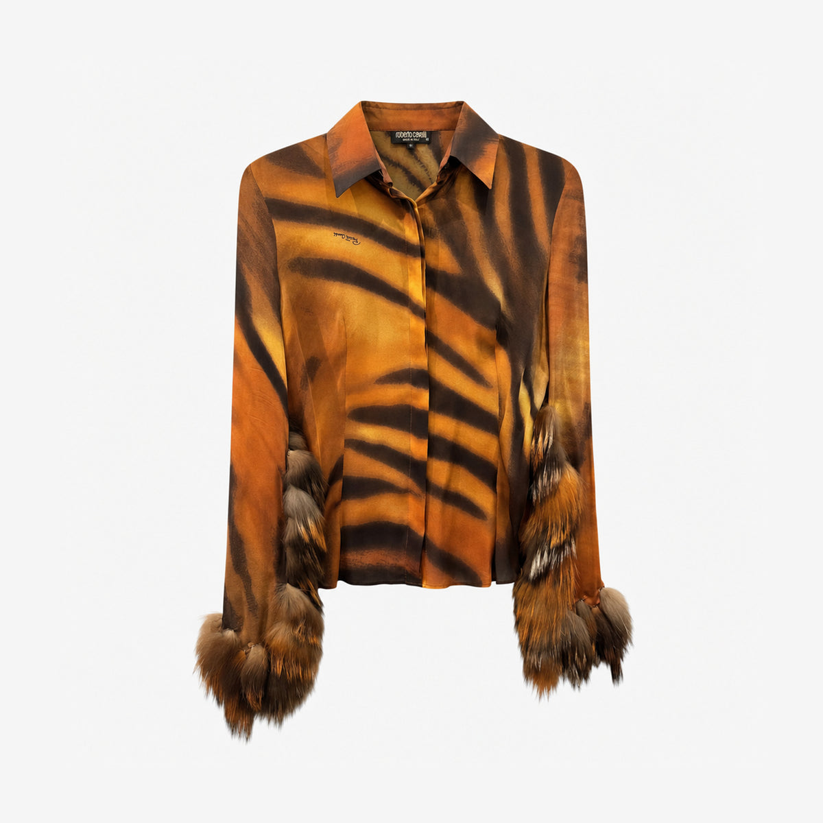 Roberto Cavalli F/W 2000 Tiger Print Silk Shirt with Fur Trim